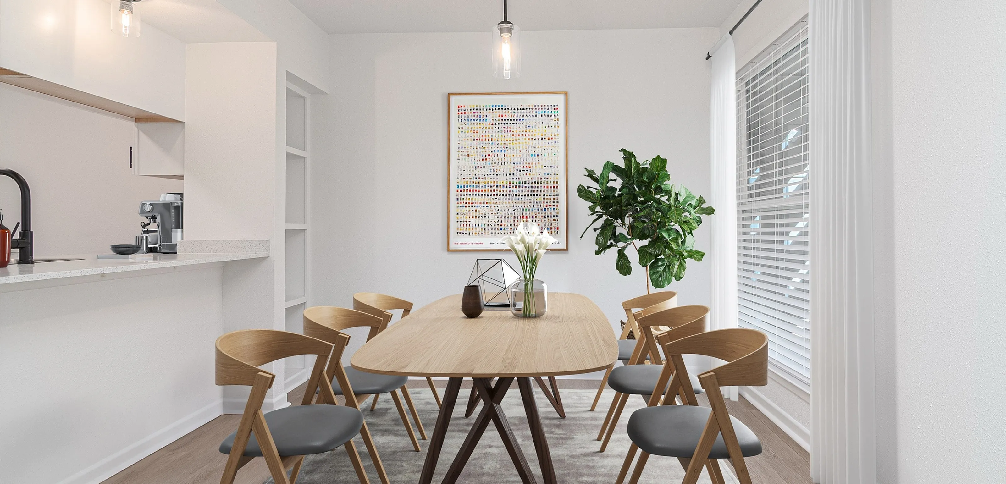 Modern dining area with sleek wooden chairs, stylish lighting, and elegant decor, adjacent to an open kitchen design.