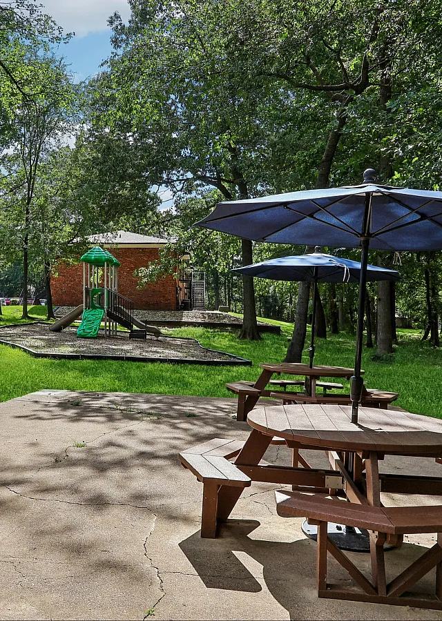 Inviting outdoor area with picnic tables, umbrellas, and a playground nestled in lush greenery, perfect for family gatherings and relaxation.