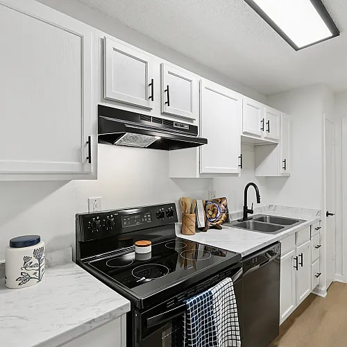 Modern kitchen with sleek black appliances, stylish white cabinetry, and elegant marble countertops.