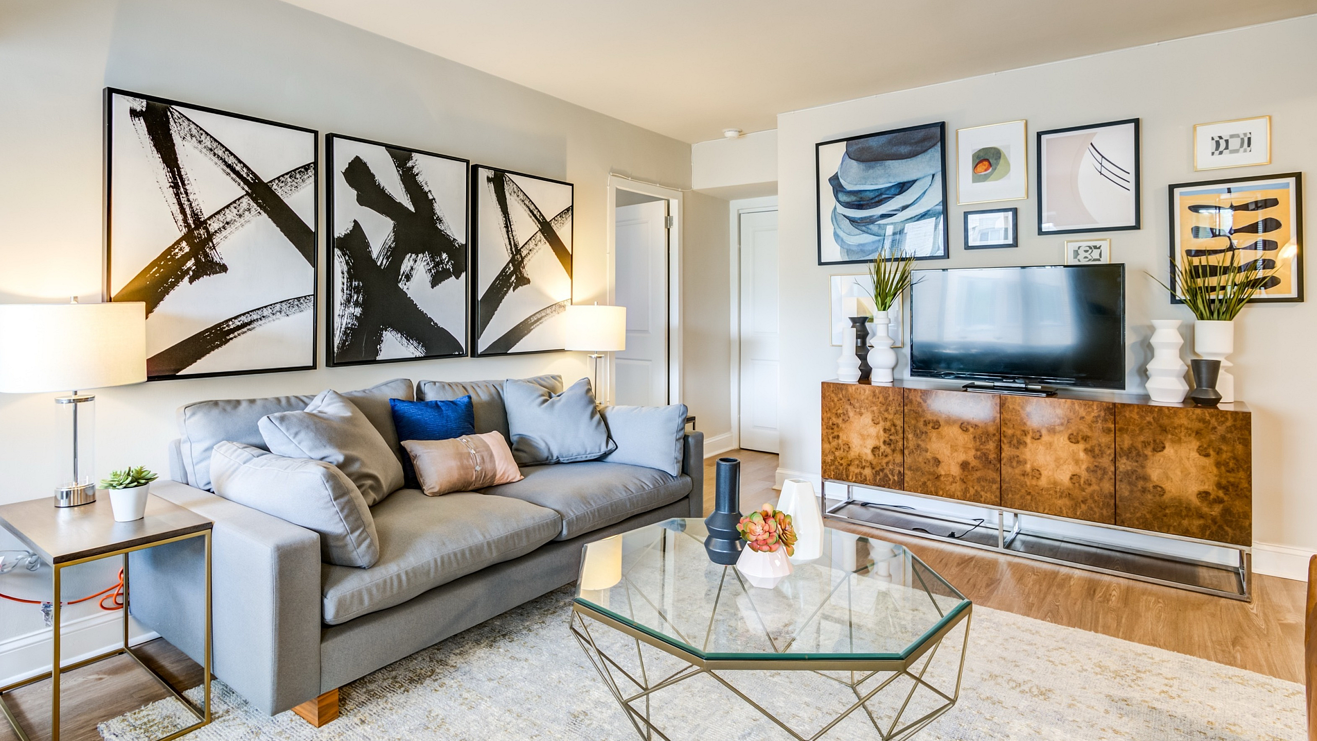 Bright and modern living room with a stylish gray sofa, abstract art, and a sleek TV console, offering a perfect blend of comfort and elegance.