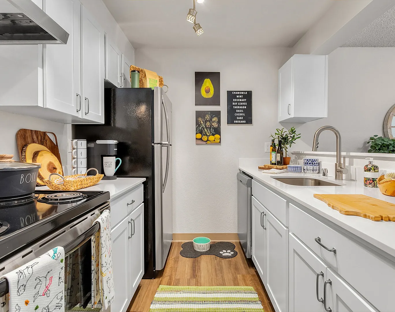 Modern kitchen with sleek black appliances, elegant white cabinetry, and chic decor, offering a cozy and inviting atmosphere.