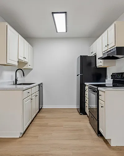 Modern kitchen with sleek black appliances, elegant white cabinetry, and stylish wood flooring, perfect for culinary creativity.