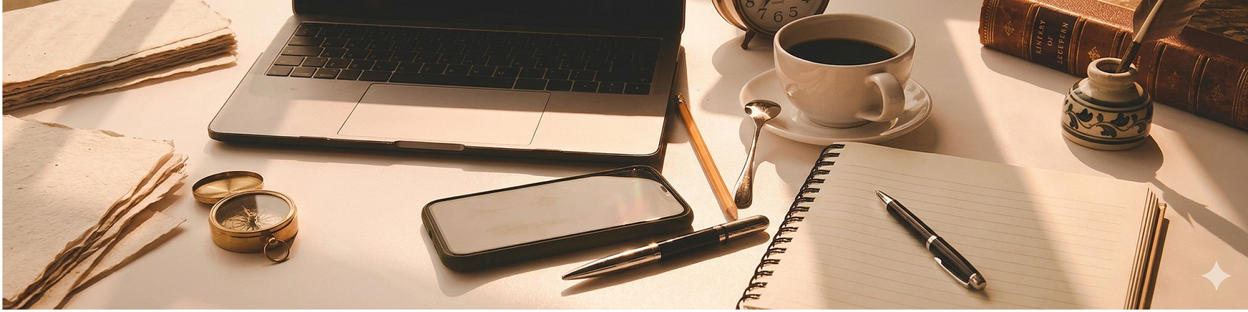 Elegant workspace with a laptop, vintage compass, and coffee, perfect for inspiration and productivity.