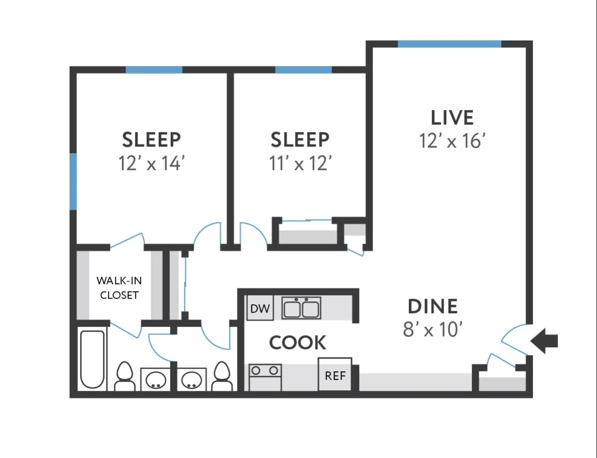 Two Bedroom, One and a Half Bathroom 2 Bed Apartment Stone Point