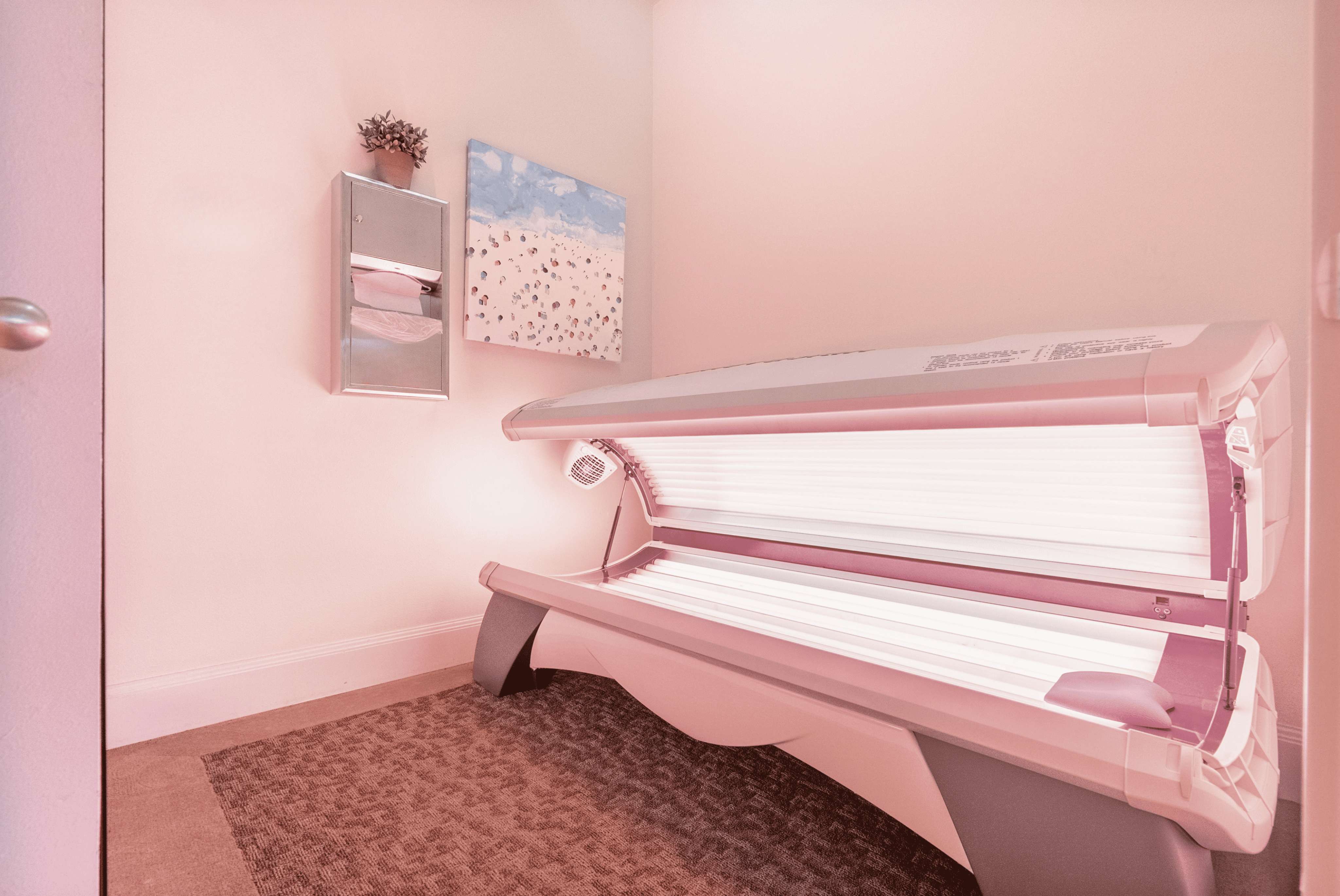 Cozy indoor tanning room with sleek modern tanning bed, accented by a serene beach painting and a small potted plant.