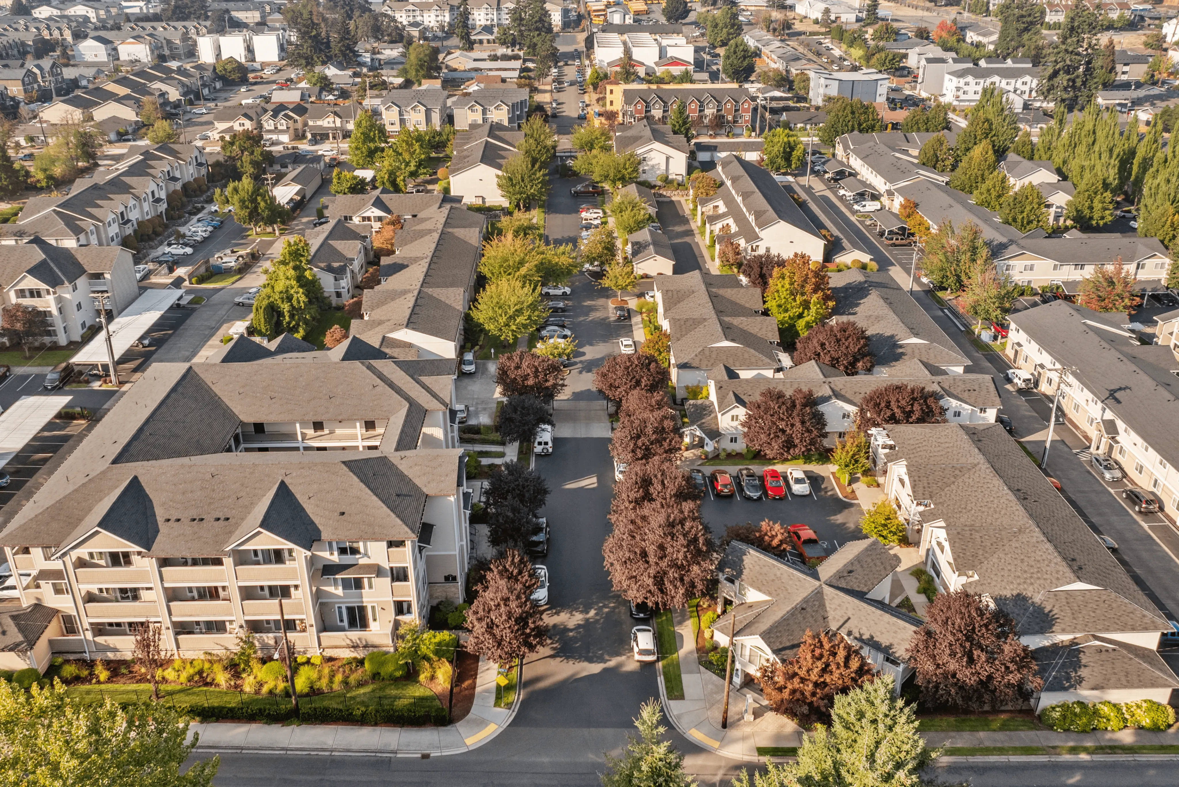Aerial view of a charming residential neighborhood with modern apartments, tree-lined streets, and vibrant greenery.
