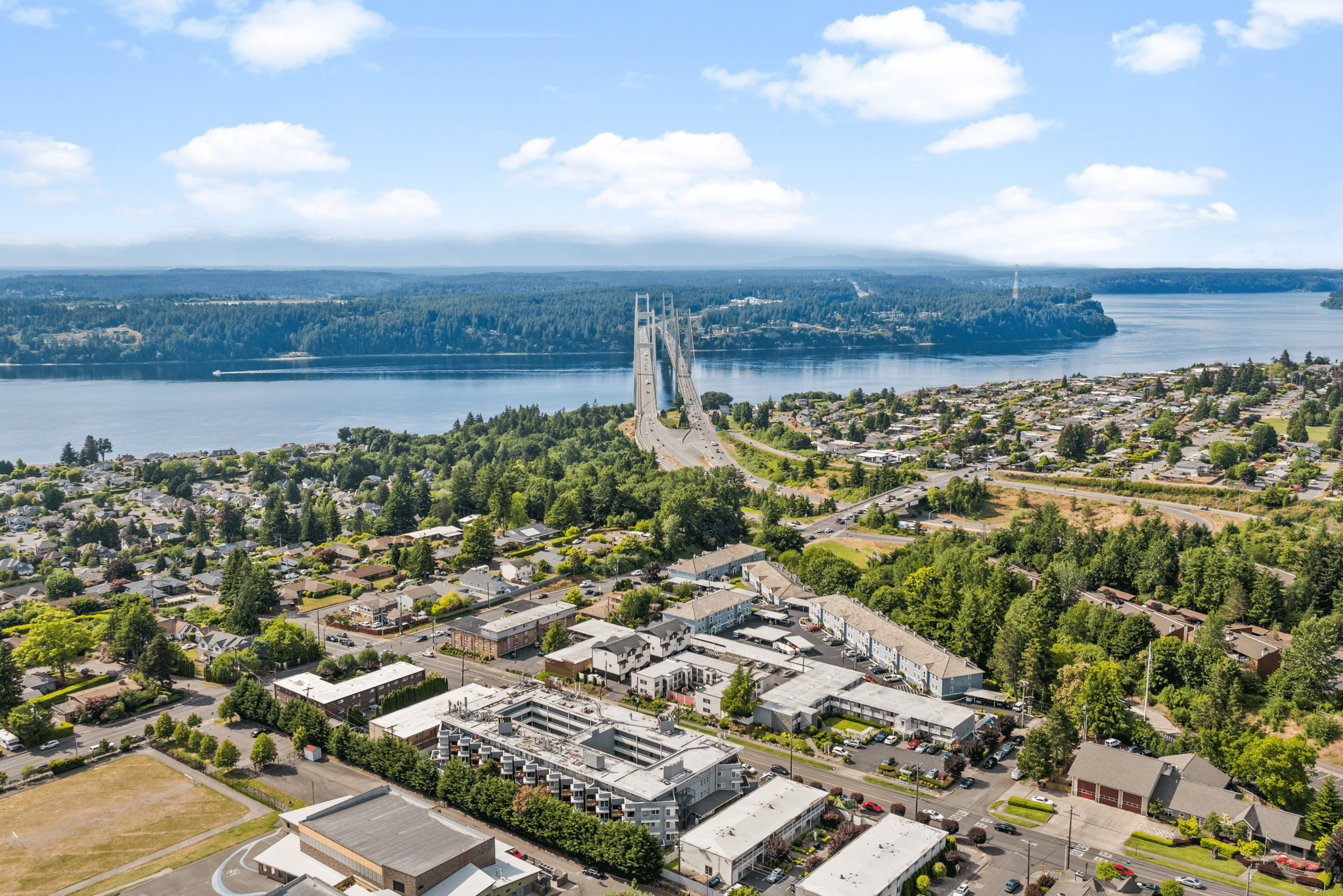 Breathtaking aerial view of a vibrant neighborhood with lush greenery and a scenic bridge over serene waters under a sunny sky.