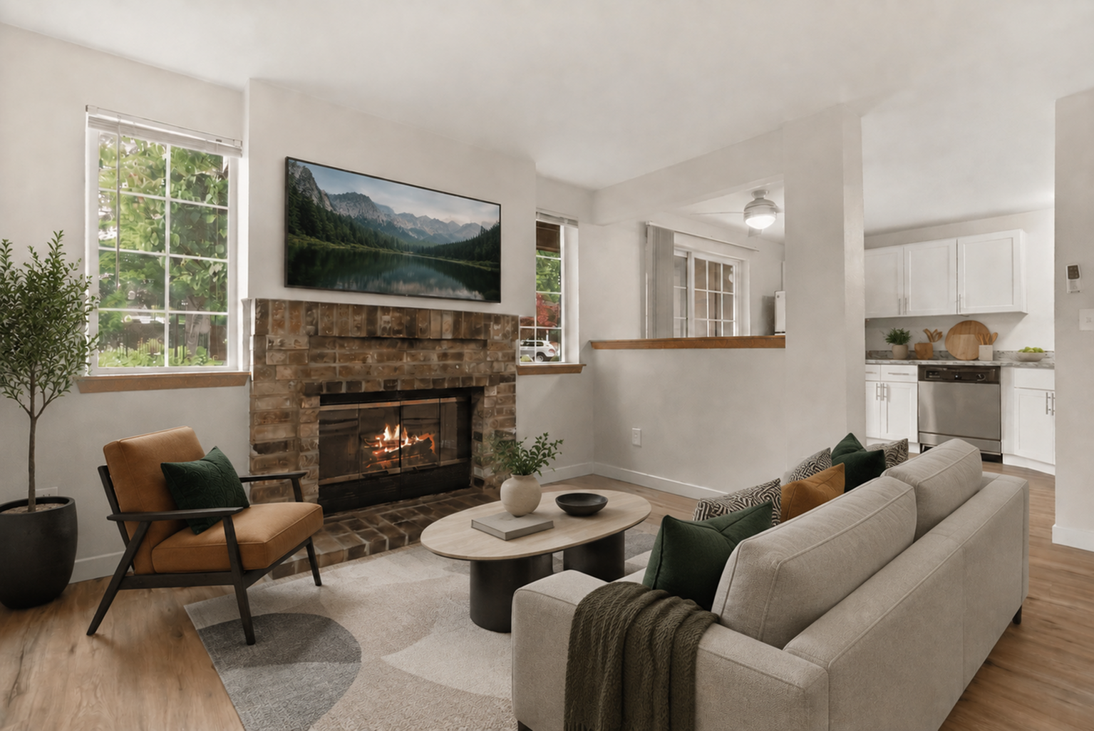 Charming living room with a cozy fireplace, modern decor, and large windows leading to an elegant kitchen, ideal for relaxing and entertaining.