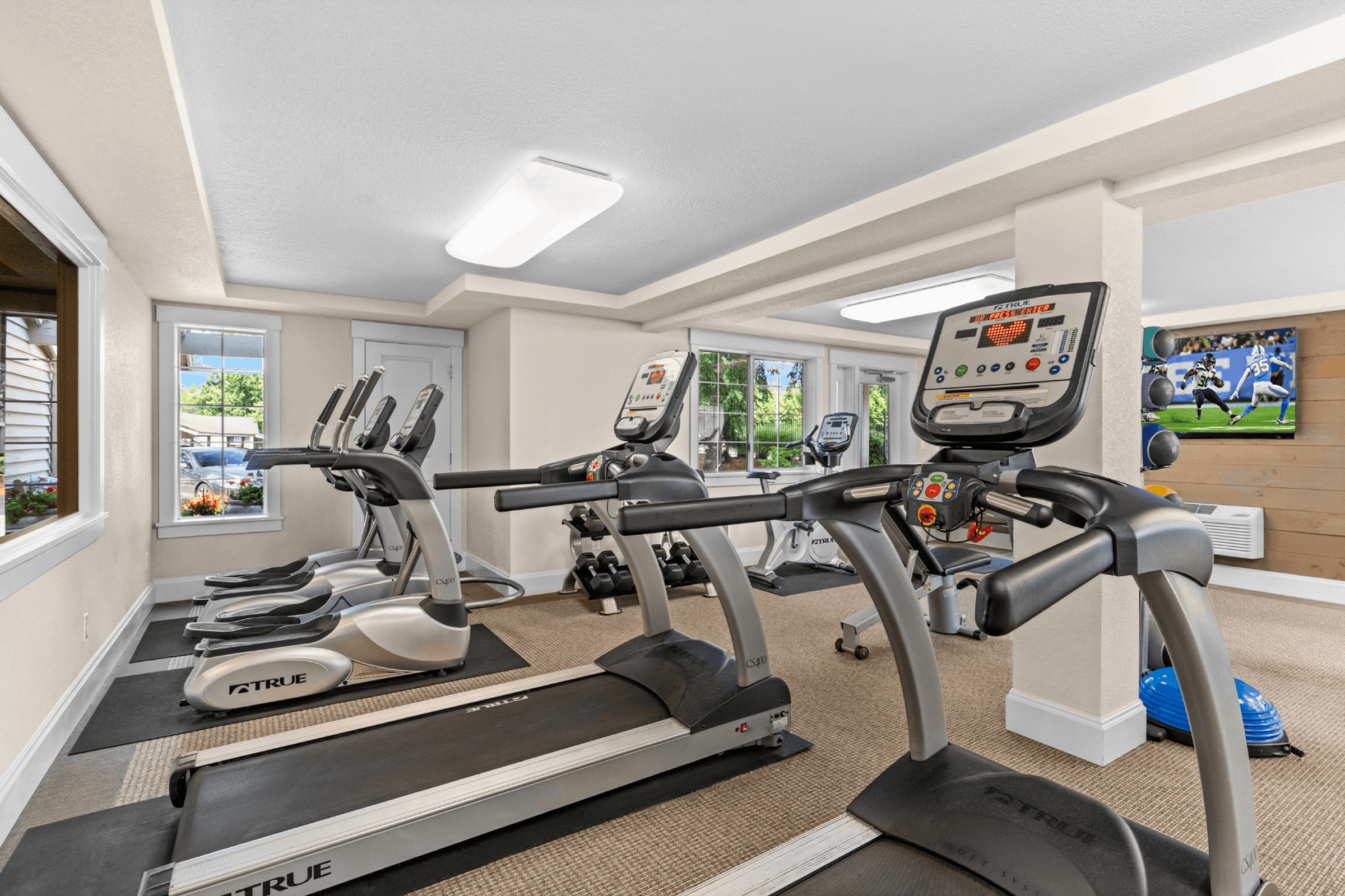 Modern gym featuring state-of-the-art treadmills with scenic window views and a lively sports broadcast.