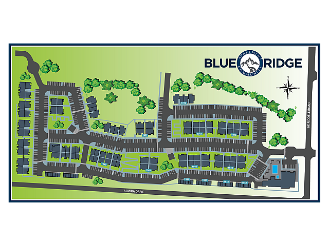 Vibrant map of Blue Ridge apartment community showcasing green landscaped areas, multiple building layouts, and ample parking spaces, providing a welcoming environment.