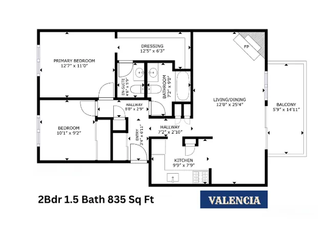 2 Bdr 1.5 Bath, 835 Sq Ft