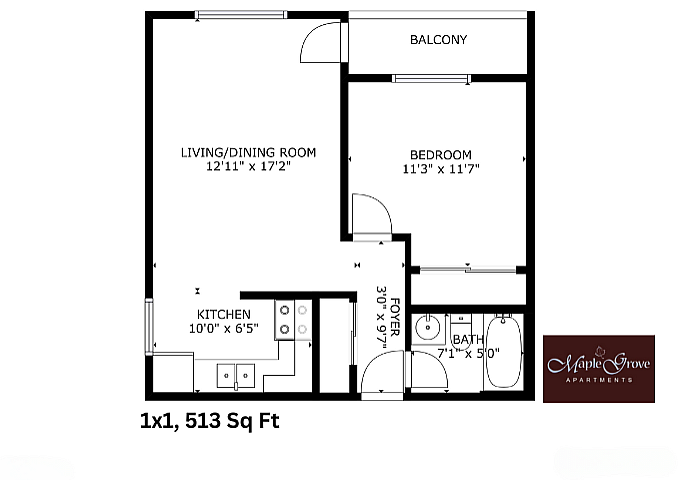 Detailed floor plan of a Maple Grove apartment featuring one bedroom, a spacious living/dining area, kitchen, bathroom, and balcony, totaling 513 sq ft.