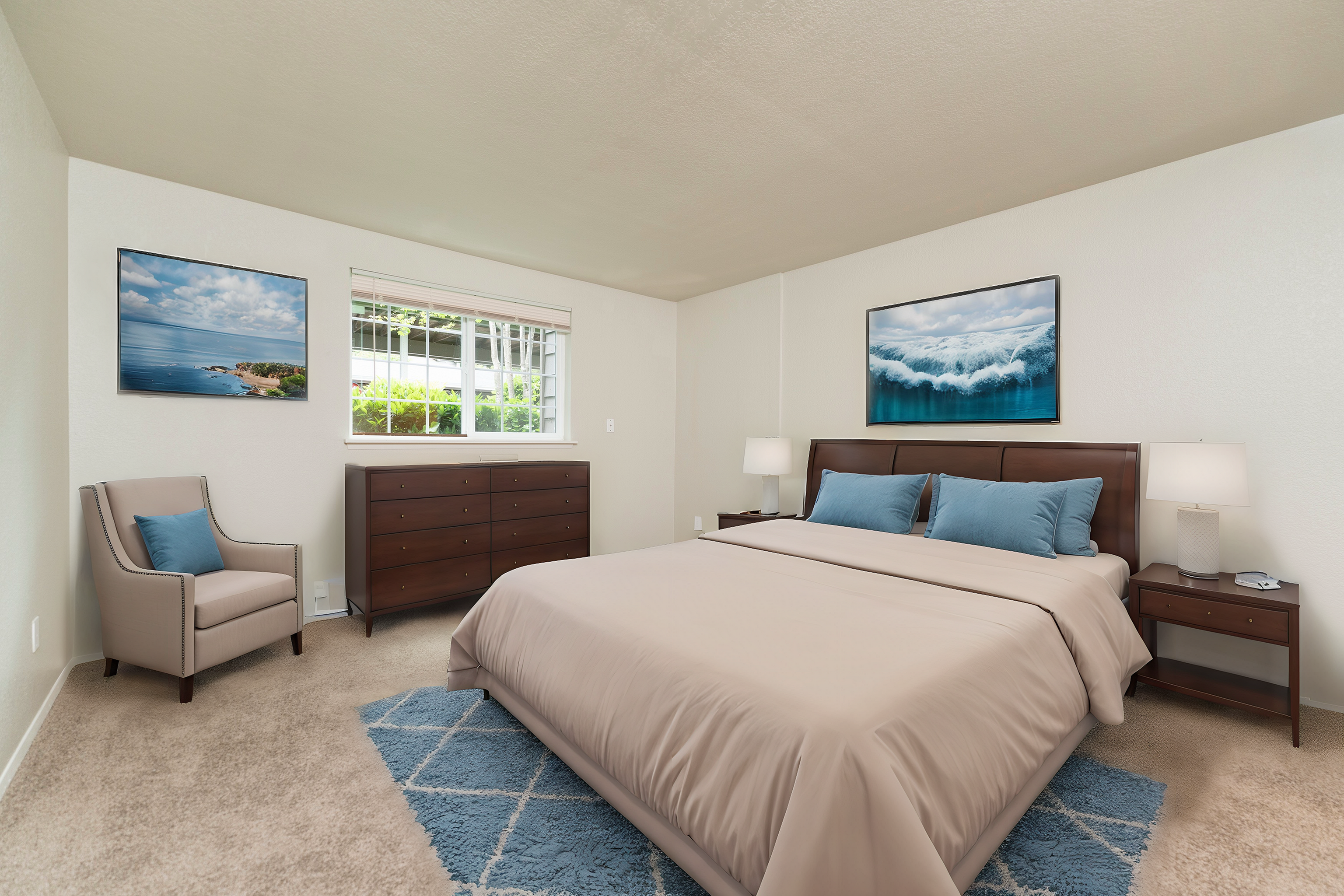 Sophisticated bedroom with a plush bed, cozy armchair, chic decor, and natural lighting.