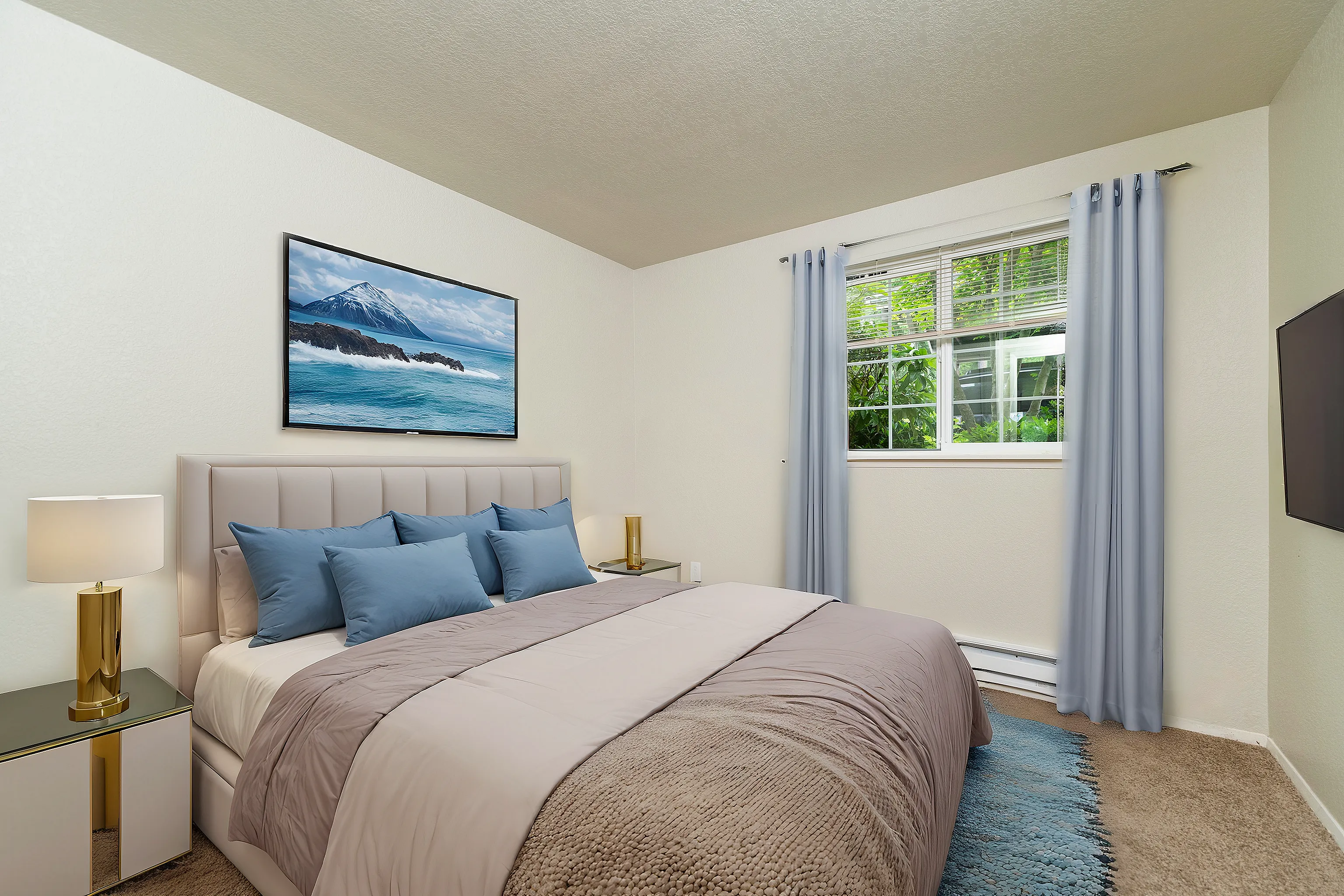 Elegant bedroom showcasing a plush bed with blue accents, modern artwork, and a bright window view.