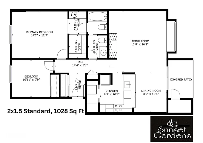 Detailed 2D floor plan of a 2x1.5 apartment with spacious living room and covered patio.