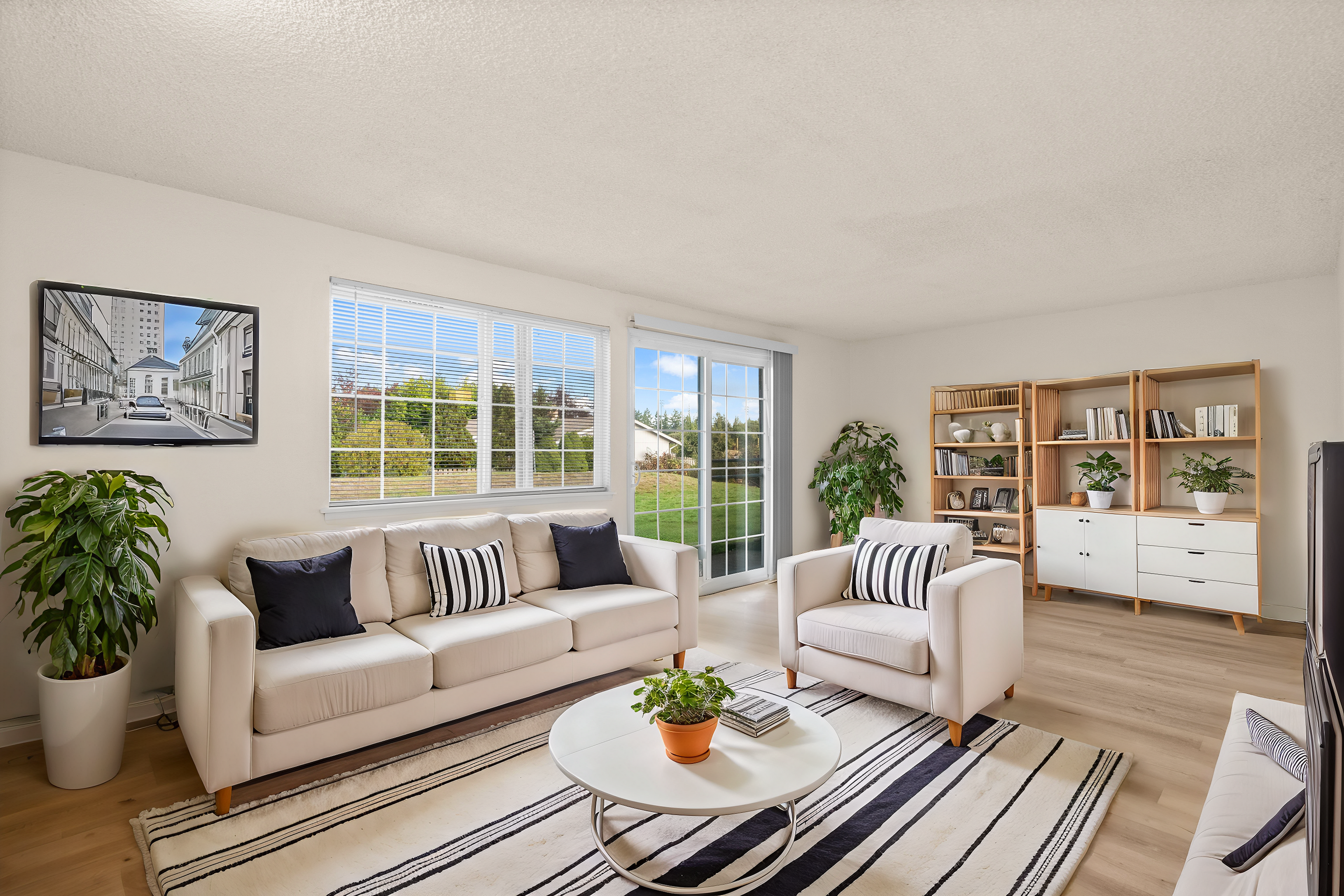 Contemporary living room with beige sofas, striped cushions, and a view of the garden.