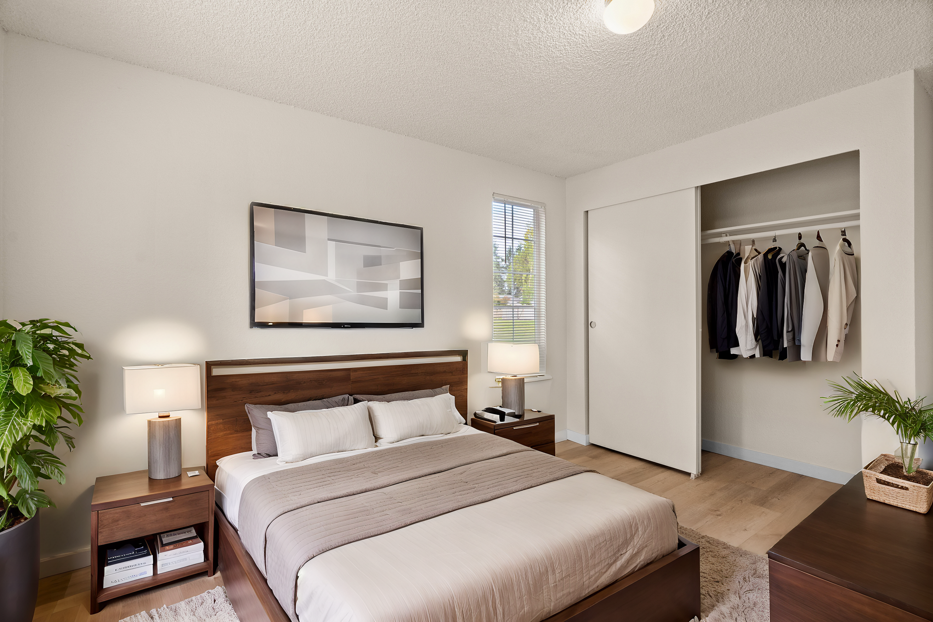 Contemporary bedroom with a cozy bed, stylish furniture, and an open closet.