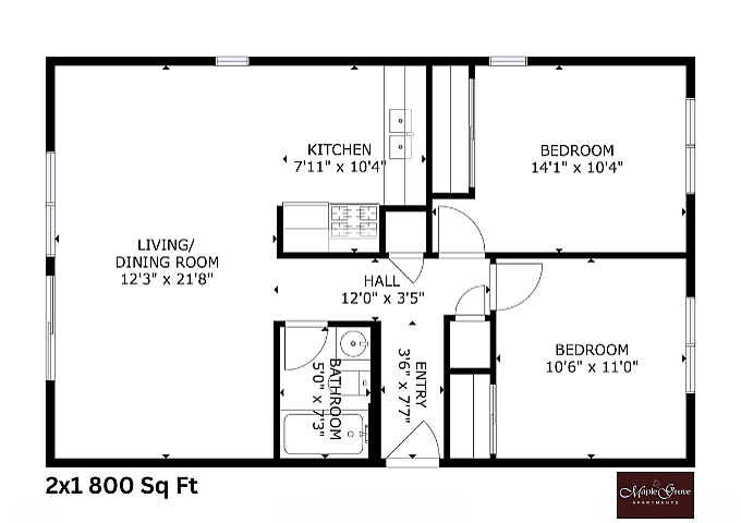 Maple Grove Apartments floor plan with 2 bedrooms, spacious living/dining area, and kitchen, 800 sq ft.