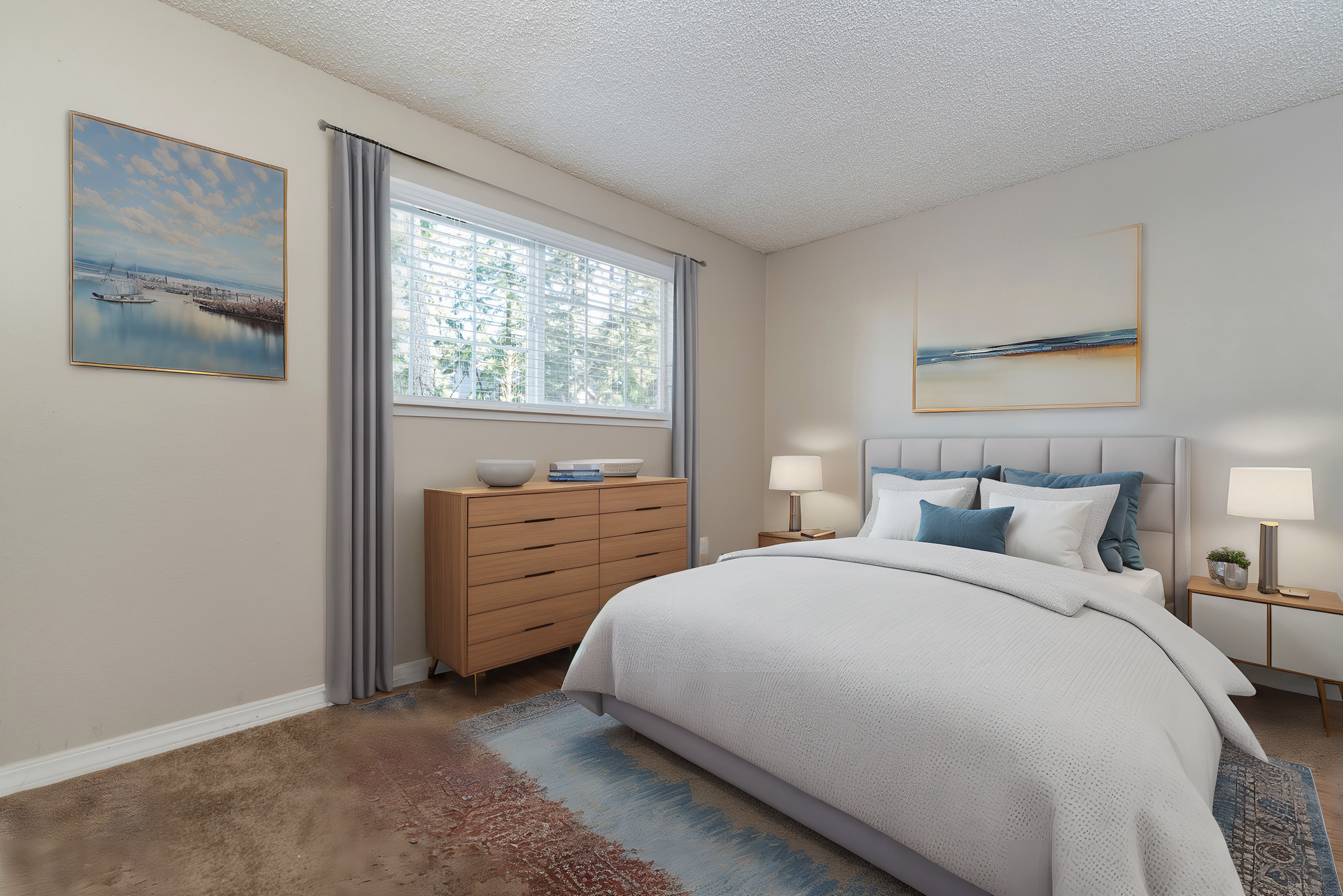 Bright and inviting bedroom with elegant decor and large window.