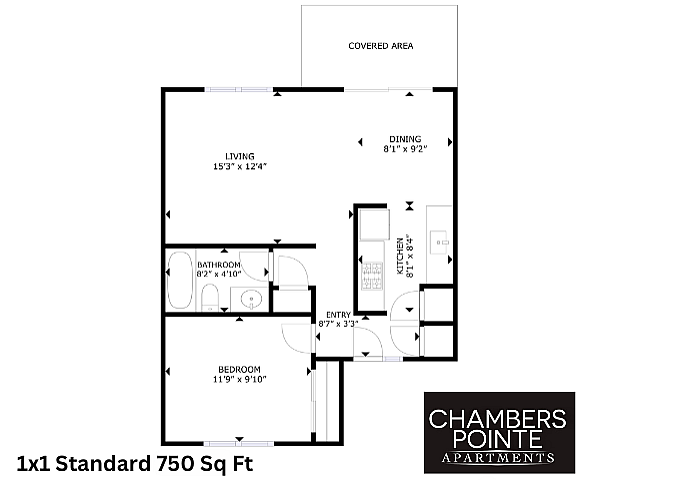 1x1 standard floor plan of Chambers Pointe Apartments featuring 750 sq ft with one bedroom, bathroom, living area, dining space, and kitchen.