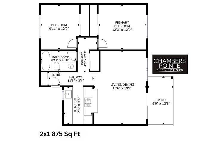 Chambers Pointe Apartments 2-bedroom floor plan with spacious living/dining area and patio, totaling 875 Sq Ft.