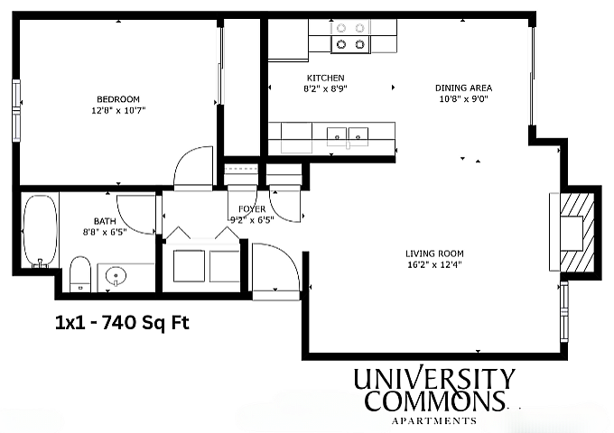 1-bedroom apartment floor plan at University Commons featuring a spacious living room, kitchen, dining area, and bathroom, covering 740 square feet.
