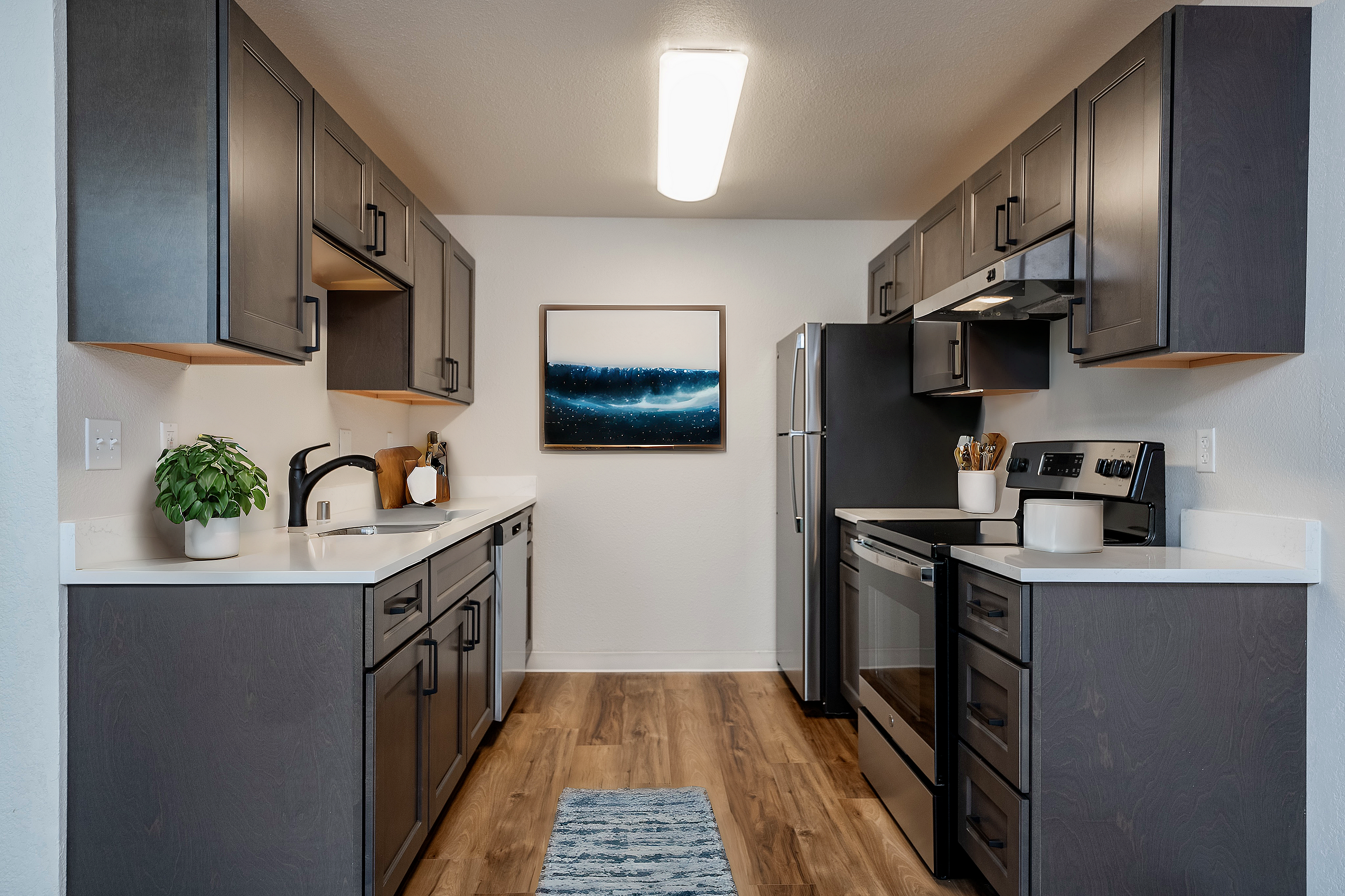 Modern kitchen with sleek dark cabinets, stainless steel appliances, and wooden flooring.