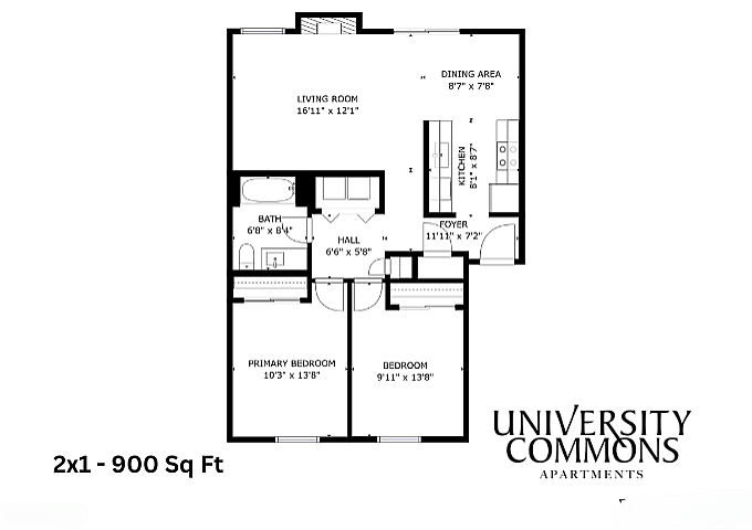 University Commons apartment floor plan featuring 2 bedrooms, living room, and kitchen, totaling 900 sq ft.