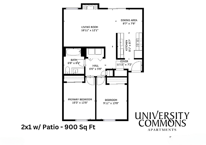 University Commons 2x1 floor plan with patio, featuring a spacious living room, cozy dining area, modern kitchen, primary and secondary bedrooms, and a bathroom in 900 sq ft.