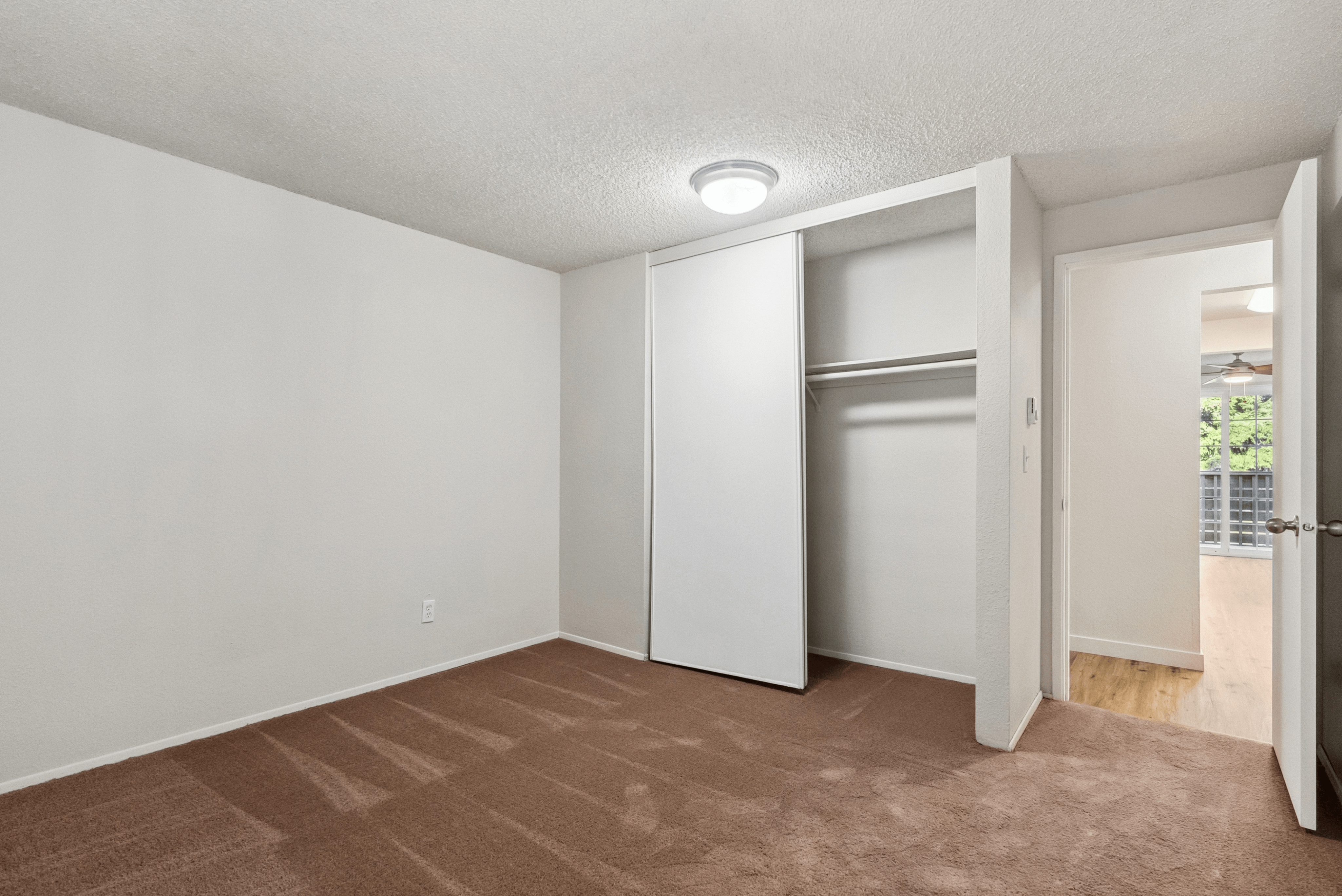 Inviting bedroom with plush carpet, sliding closet doors, and a view of the sunlit hallway.
