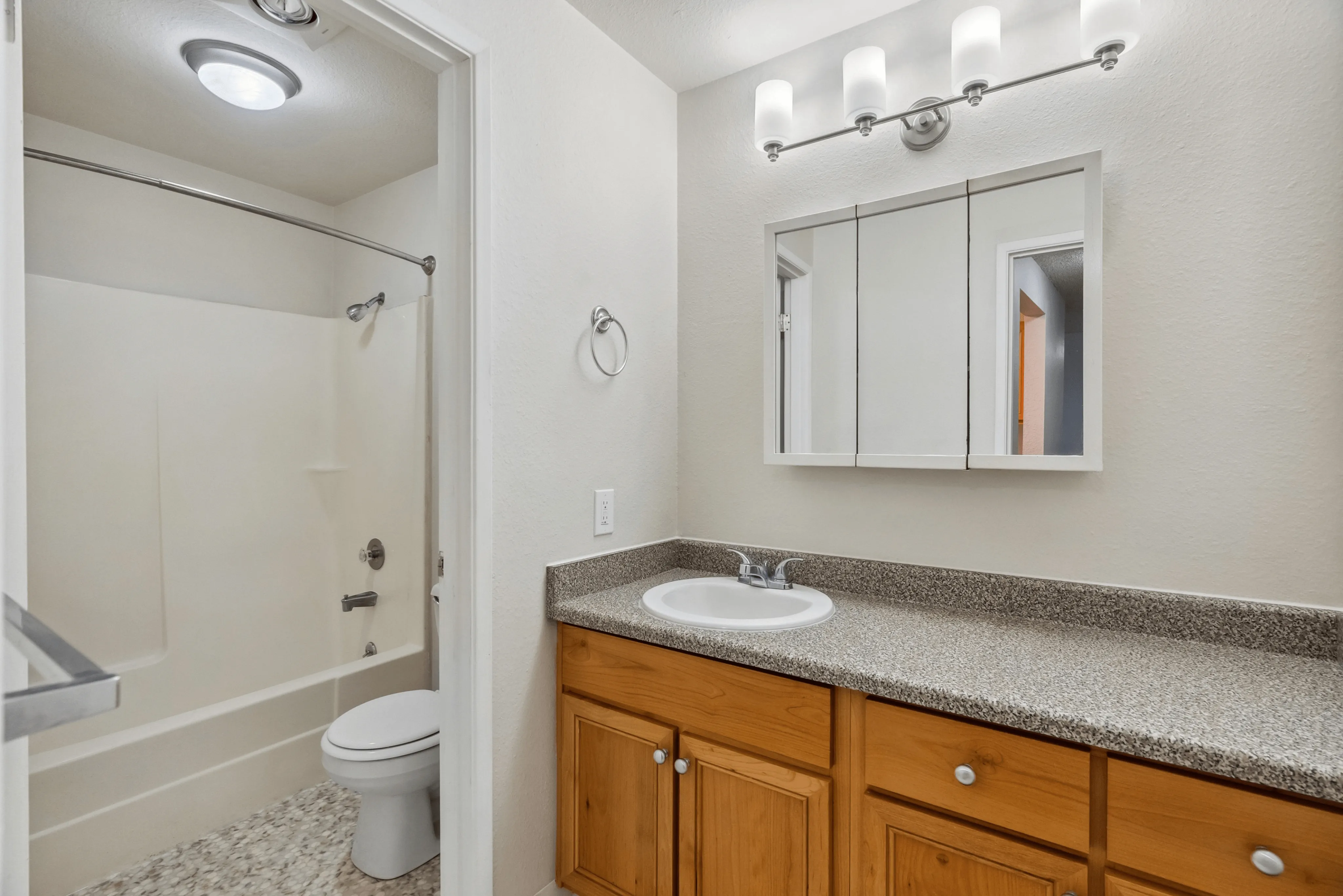 Bright bathroom featuring wooden cabinets, a large mirror, and modern lighting.