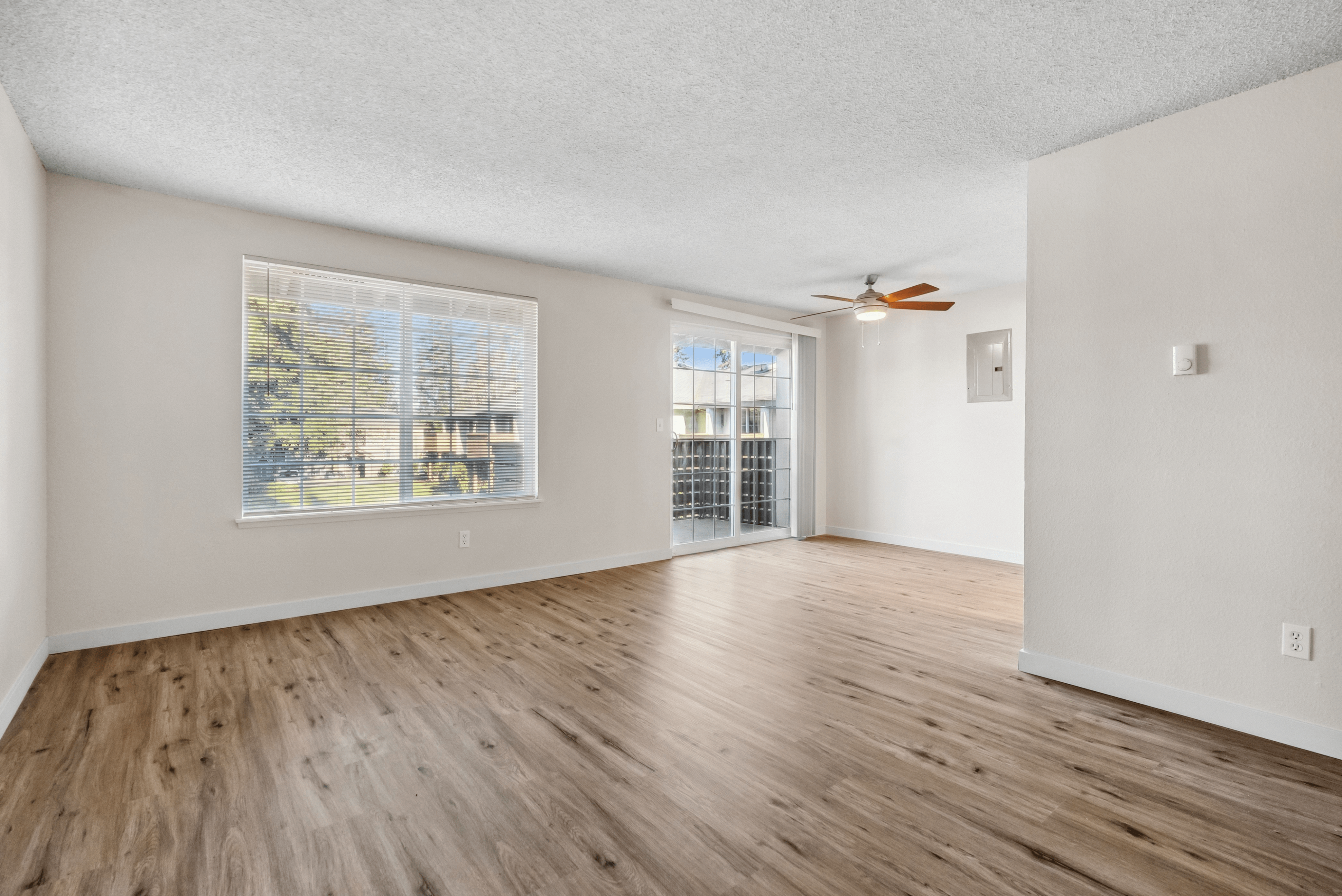 Bright and open living room with hardwood floors, large windows, and a ceiling fan.