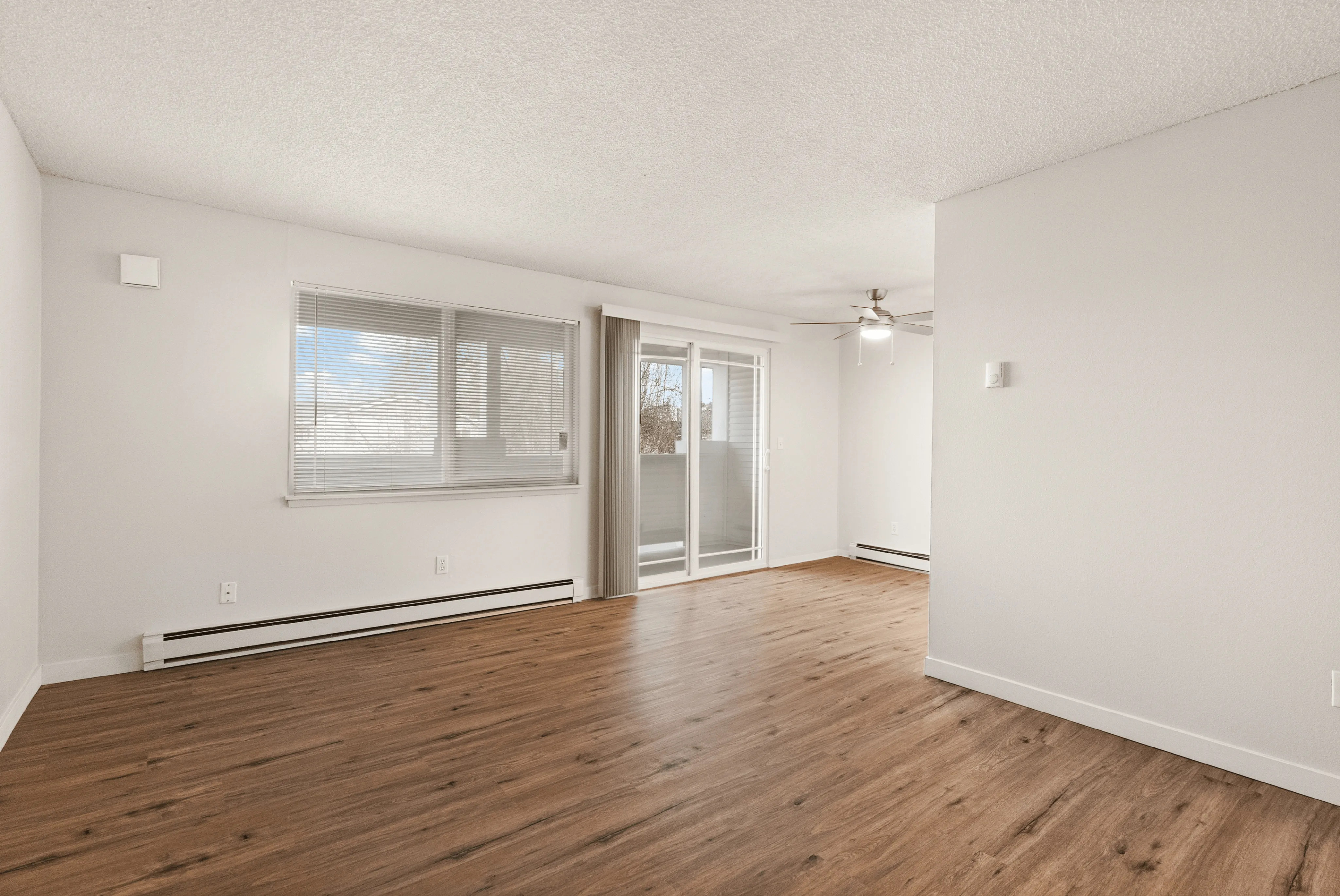 Bright, open living room featuring hardwood floors, large window, and sliding door to a balcony with natural light.