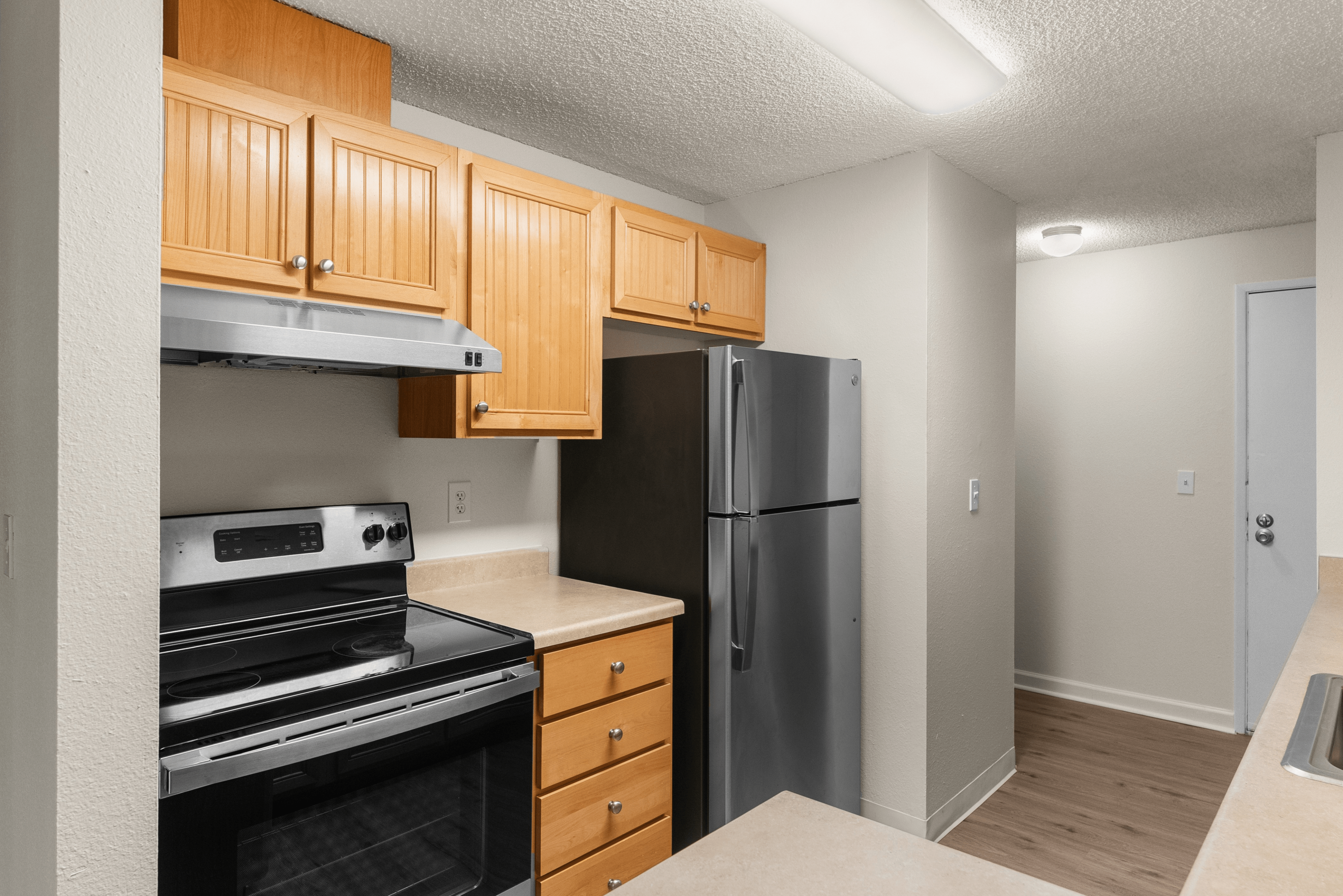 Modern kitchen with stainless steel appliances, wooden cabinetry, and a sleek countertop.