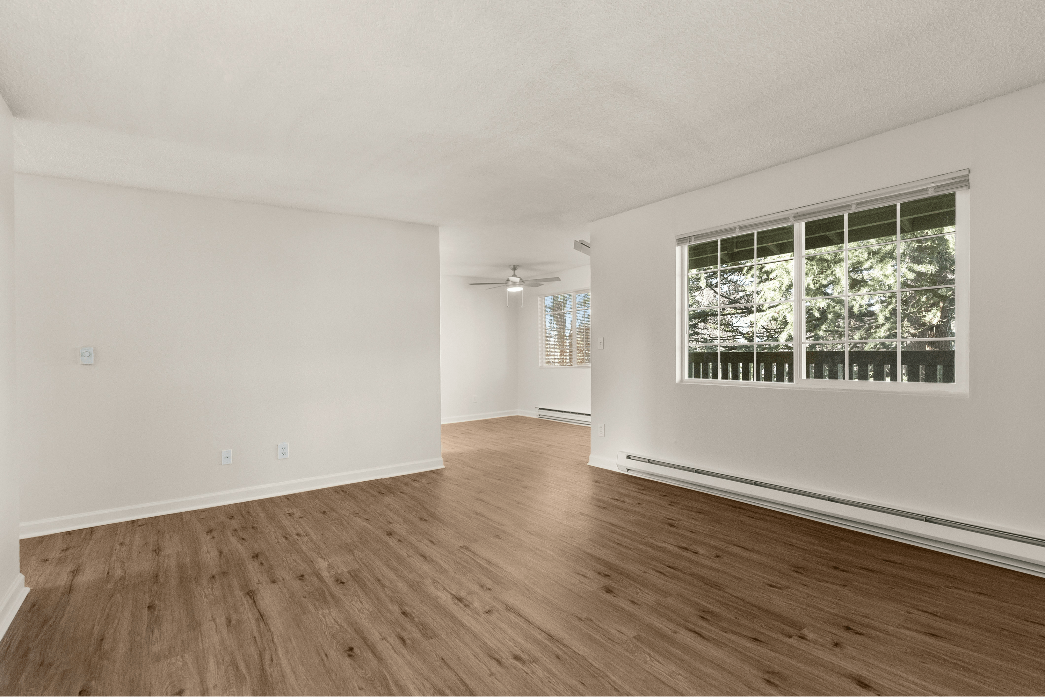 Open-concept living room with large window and sleek wood flooring, offering abundant natural light.