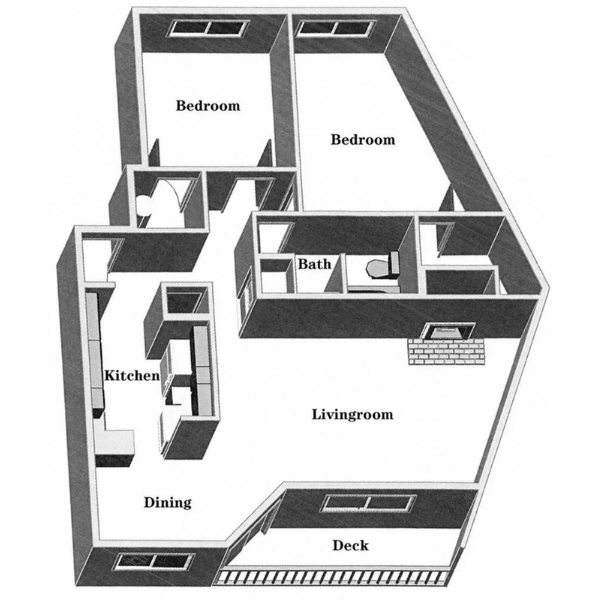 3D floor plan of a modern apartment with 2 bedrooms, an open living room, kitchen, dining area, bath, and a spacious deck.