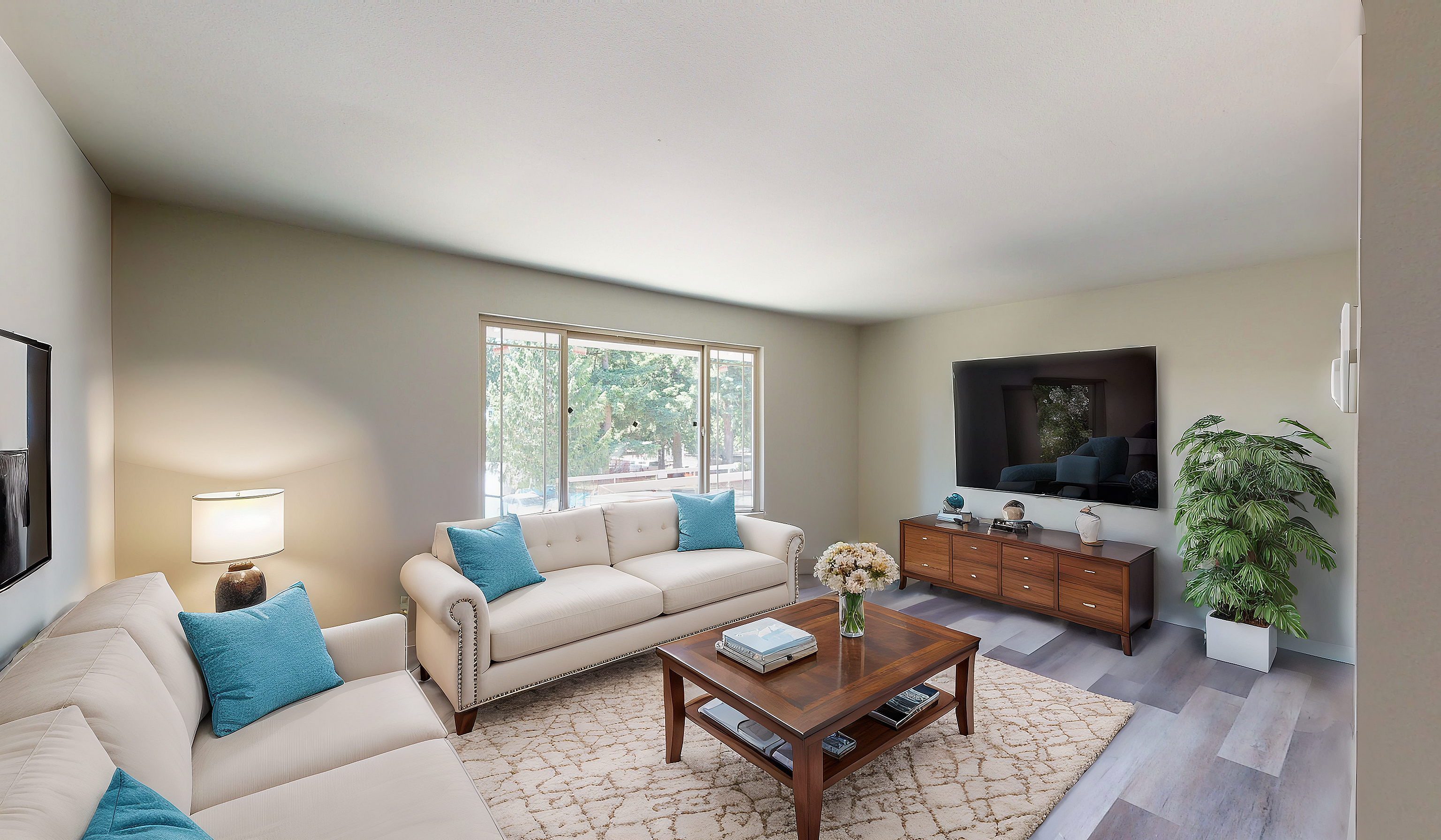 Stylish living room with large windows, white sofas, blue pillows, and a wooden coffee table.