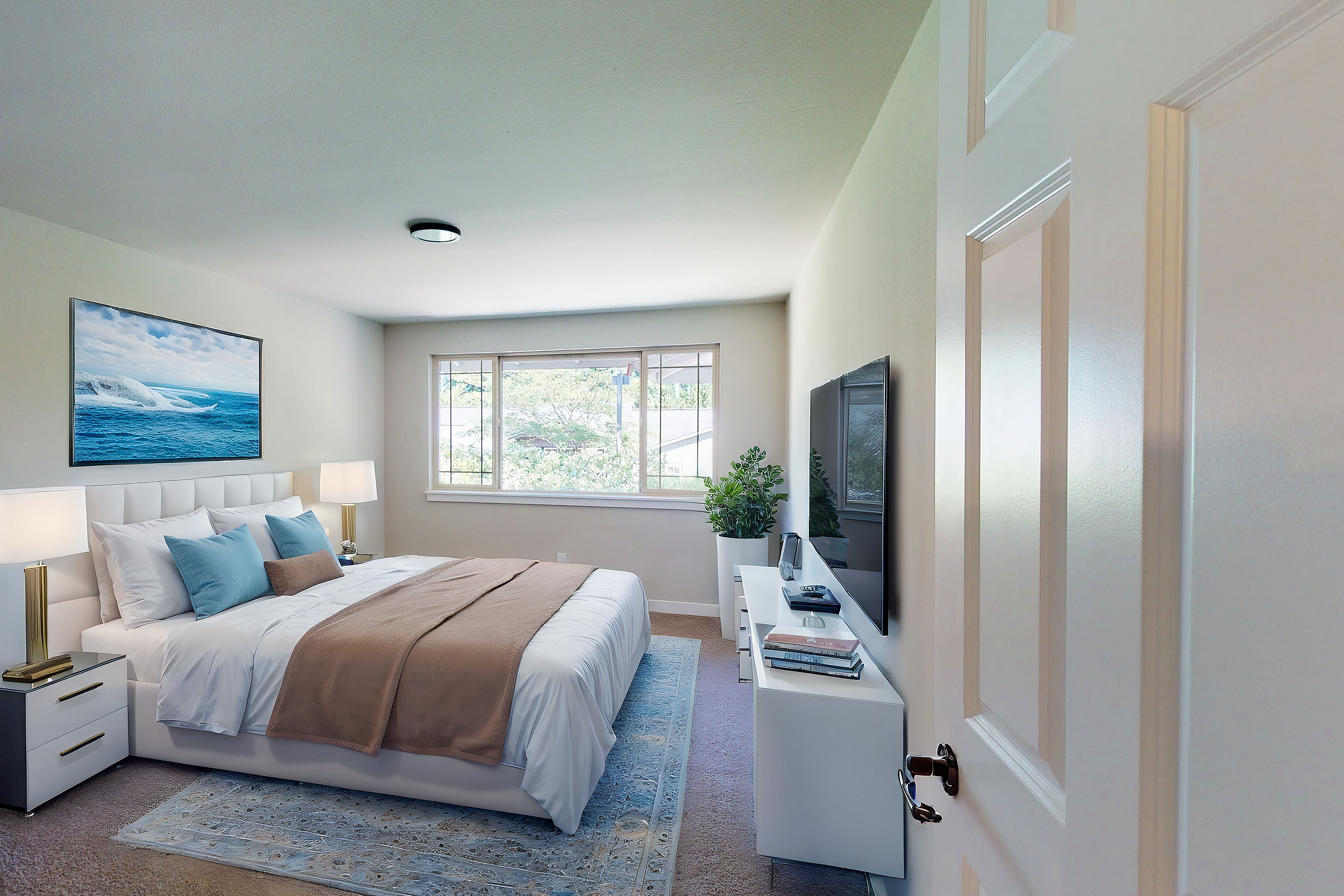 Bright and airy bedroom with a plush bed, elegant decor, and a large window view.