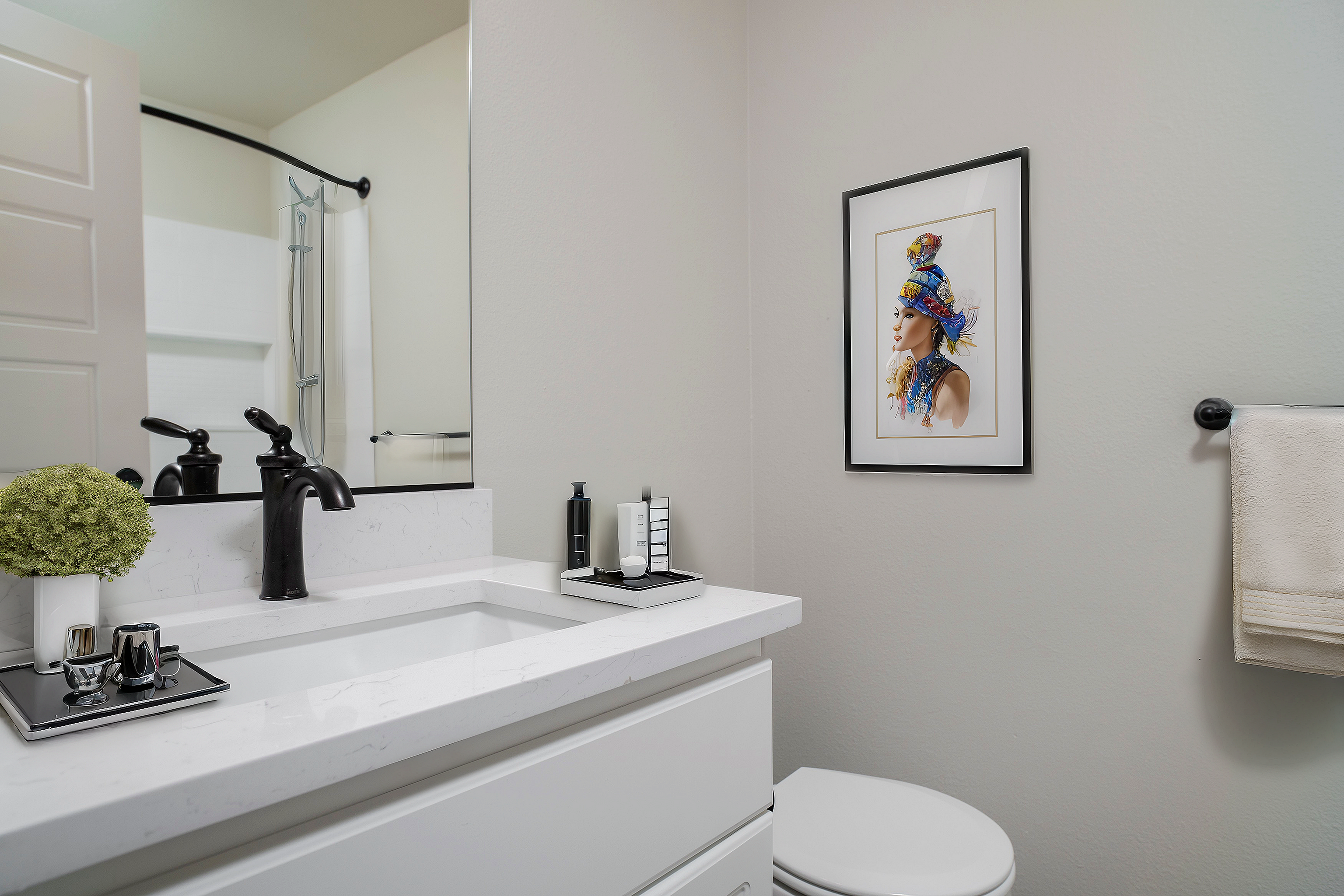 Contemporary bathroom with a stylish sink, elegant faucet, and vibrant artwork on the wall.