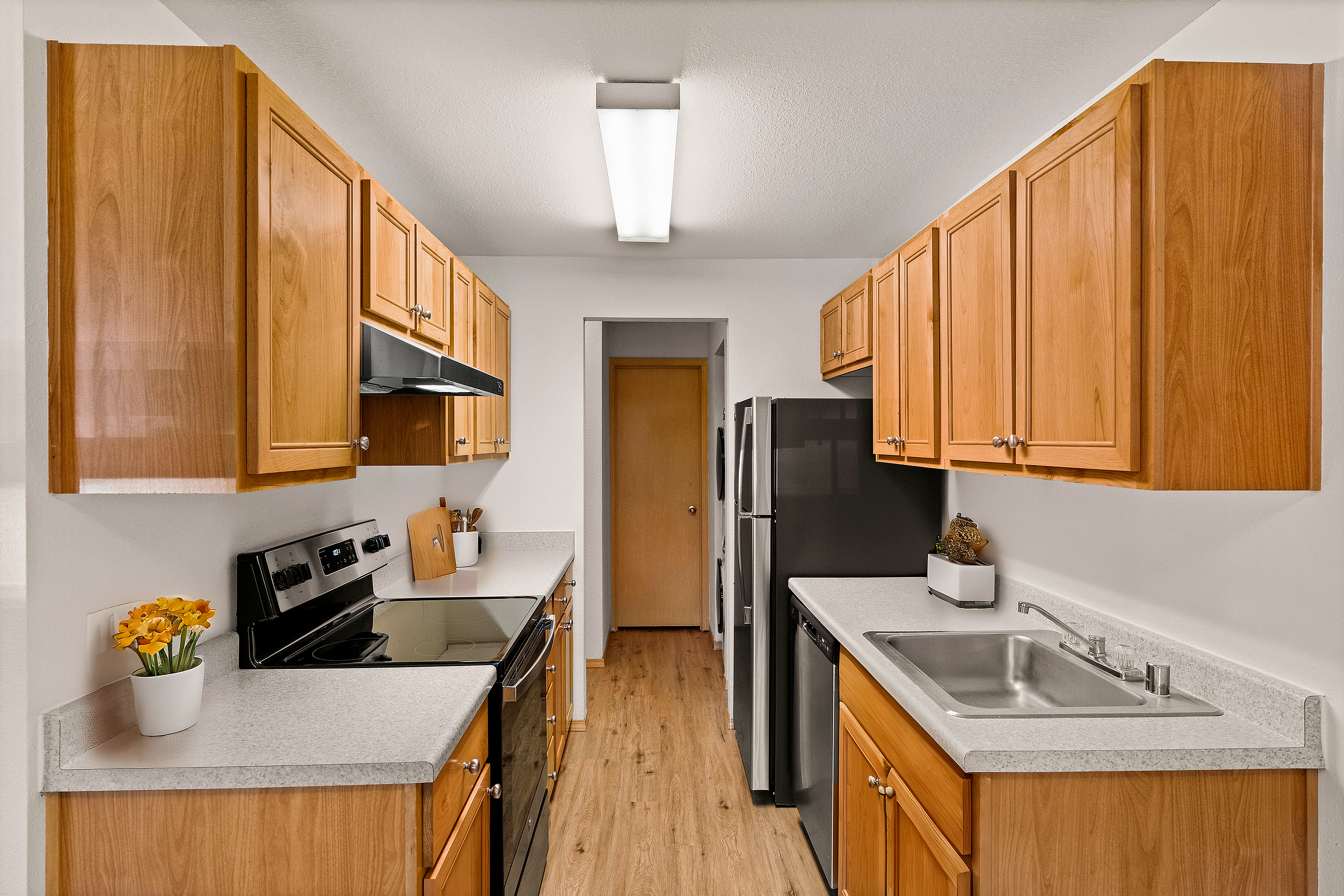 Contemporary kitchen with warm wooden cabinetry, sleek appliances, and spacious counters.