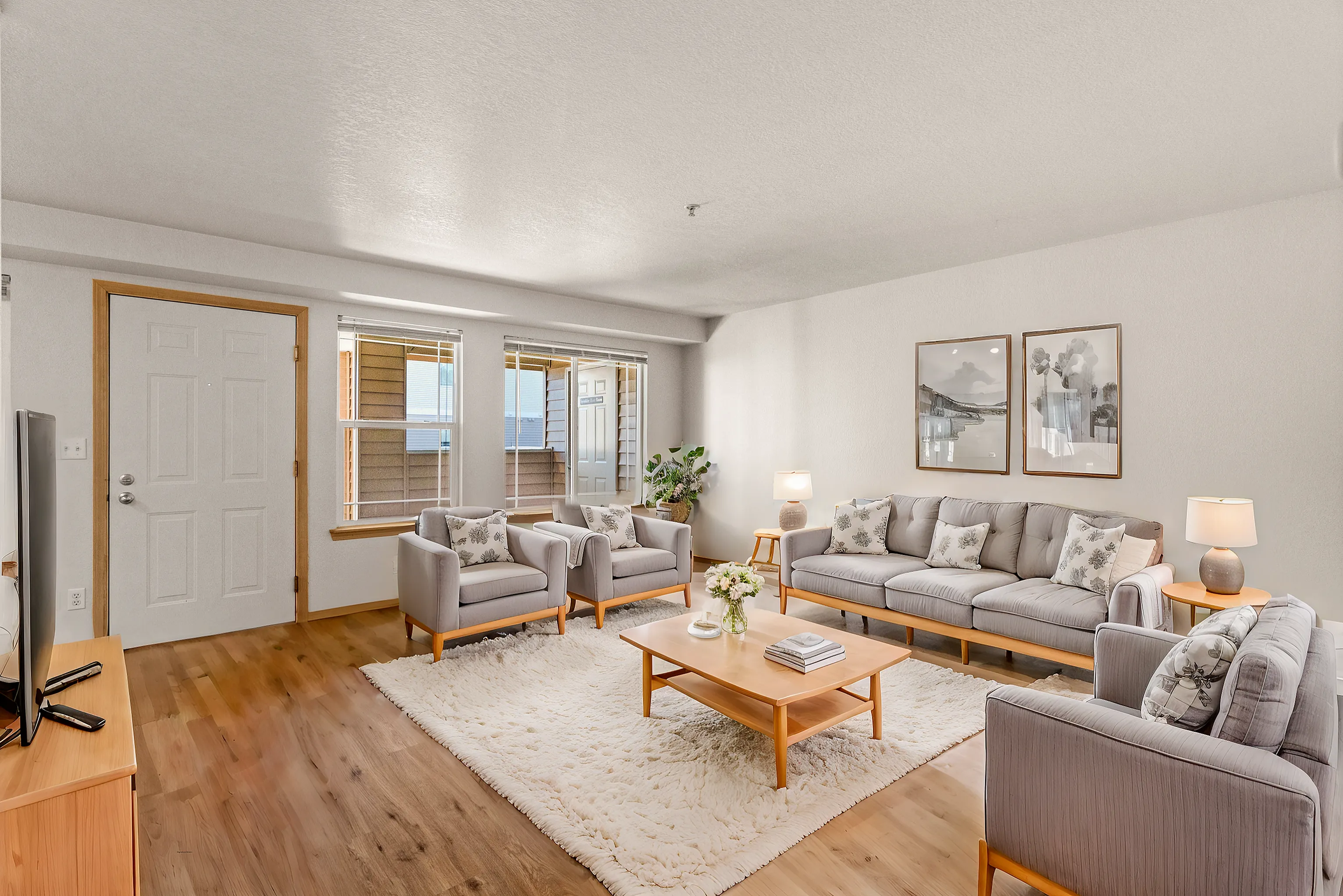 Inviting living room with modern grey sofas, warm wood accents, and soft lighting.