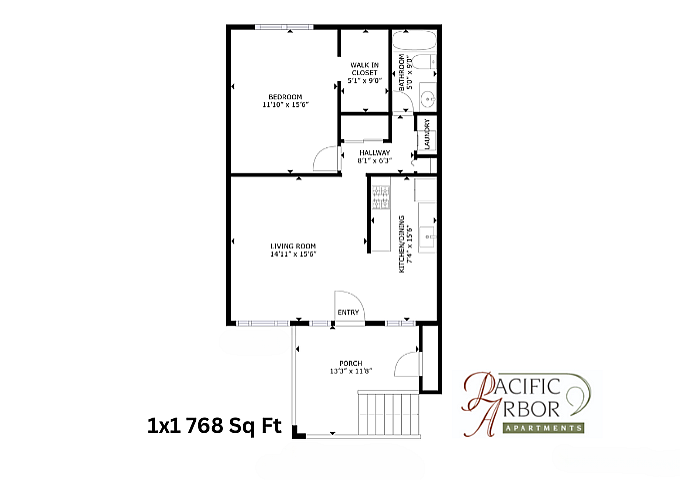 1-bedroom apartment floor plan with living room, kitchen, bathroom, and porch, totaling 768 sq ft.