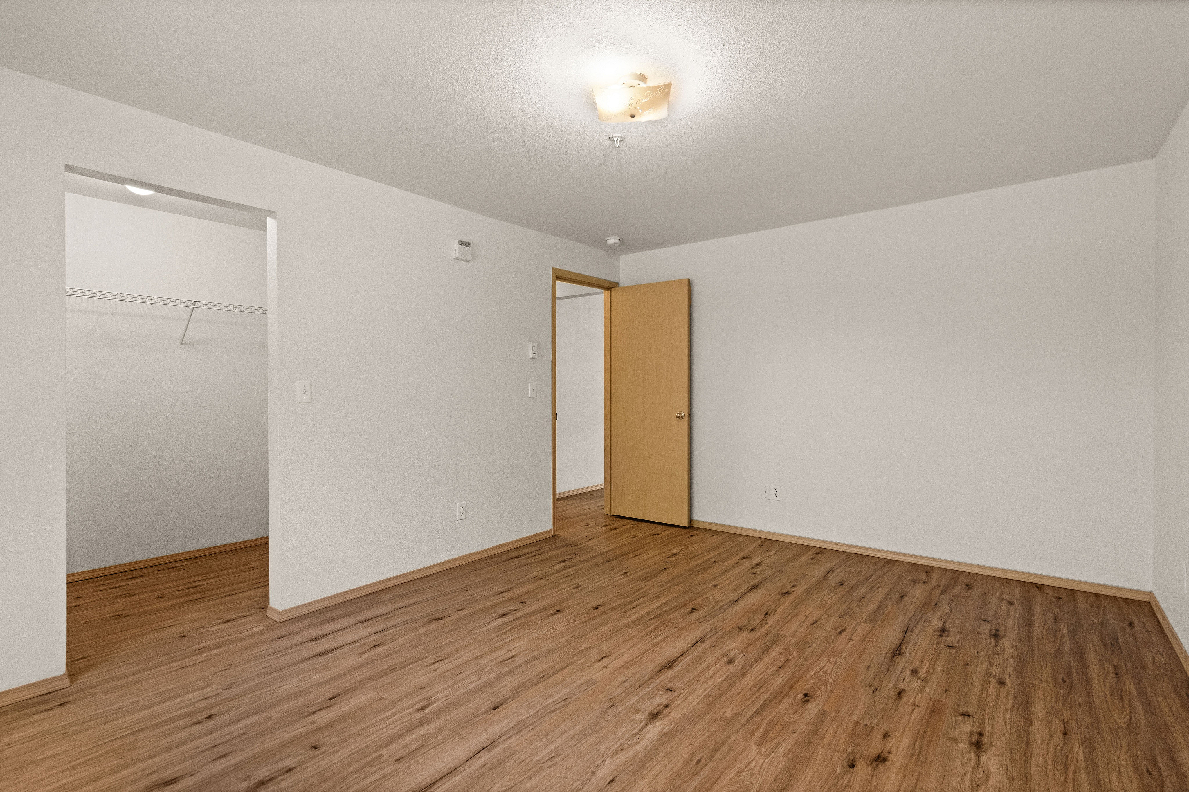 Inviting room with wooden flooring, a modern light fixture, and an open door leading to a walk-in closet.