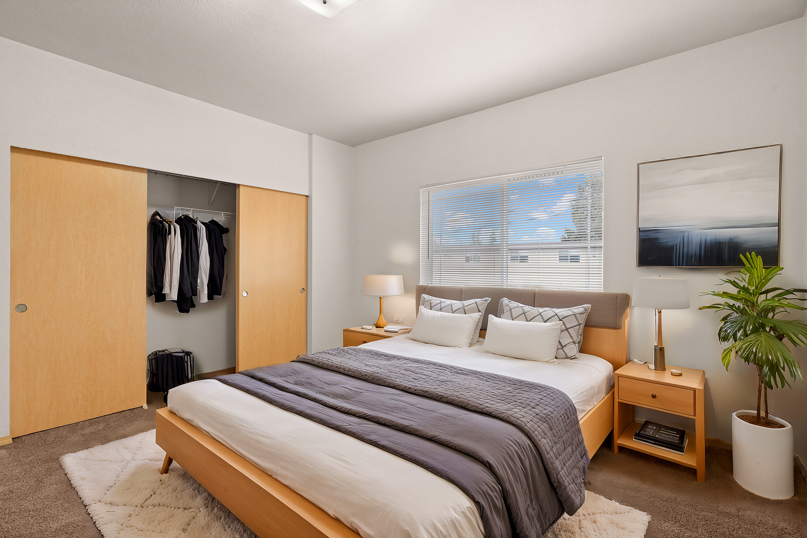 Bright and cozy bedroom with a comfortable queen-sized bed, matching wooden furniture, and a spacious closet, enhanced by natural light from a large window.
