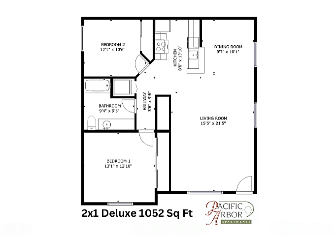 Pacific Arbor Apartments 2x1 Deluxe floor plan showcasing 1052 sq ft with 2 spacious bedrooms, a modern kitchen, cozy dining room, and an expansive living area.