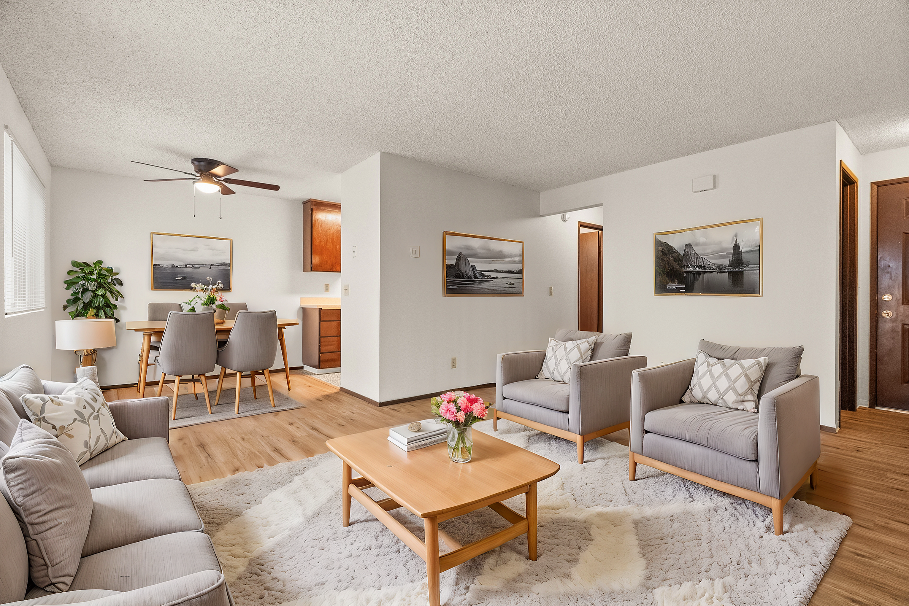 Bright and inviting living room with contemporary furniture, cozy seating, and elegant decor perfect for relaxation.