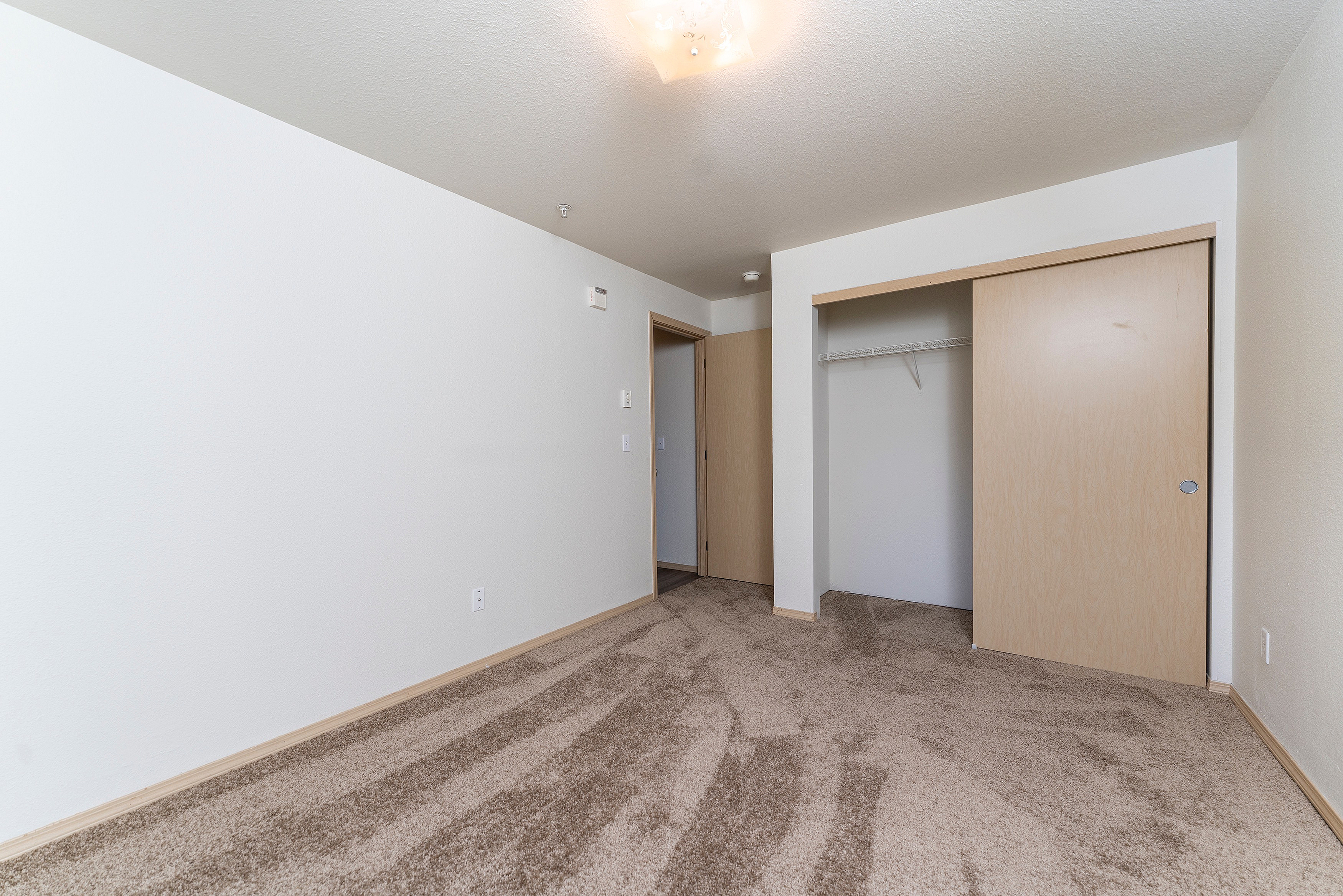 Inviting empty room with plush carpet, natural light, and handy closet space featuring sliding doors.