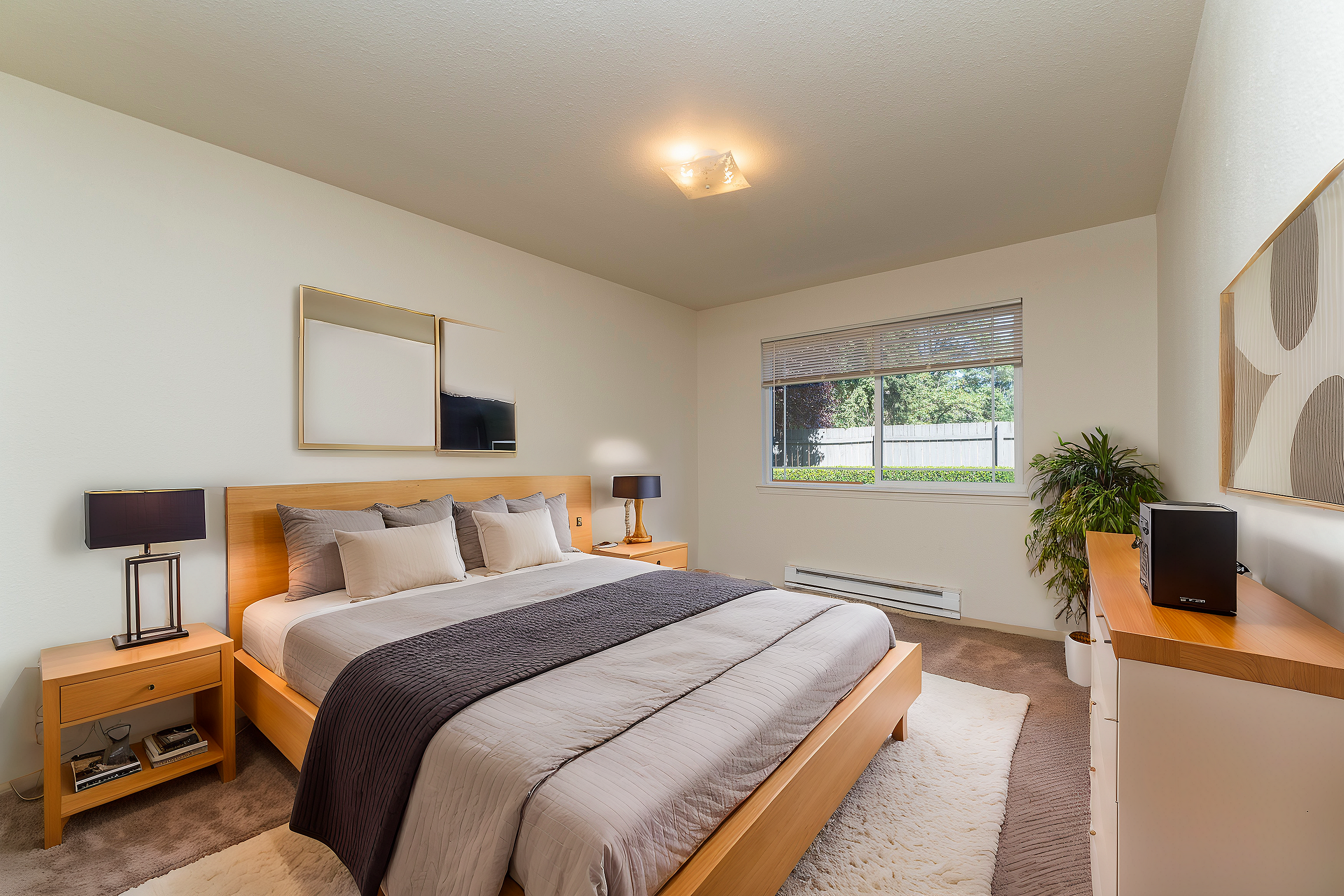 Bright and cozy bedroom with modern decor, large window, and stylish bedside tables.