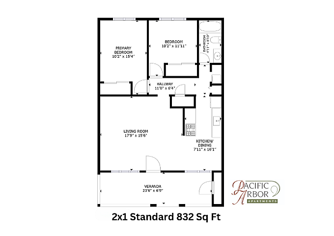 Inviting 832 sq ft floor plan displaying 2 bedrooms, a spacious living room, and a kitchen/dining area, complete with a delightful veranda.
