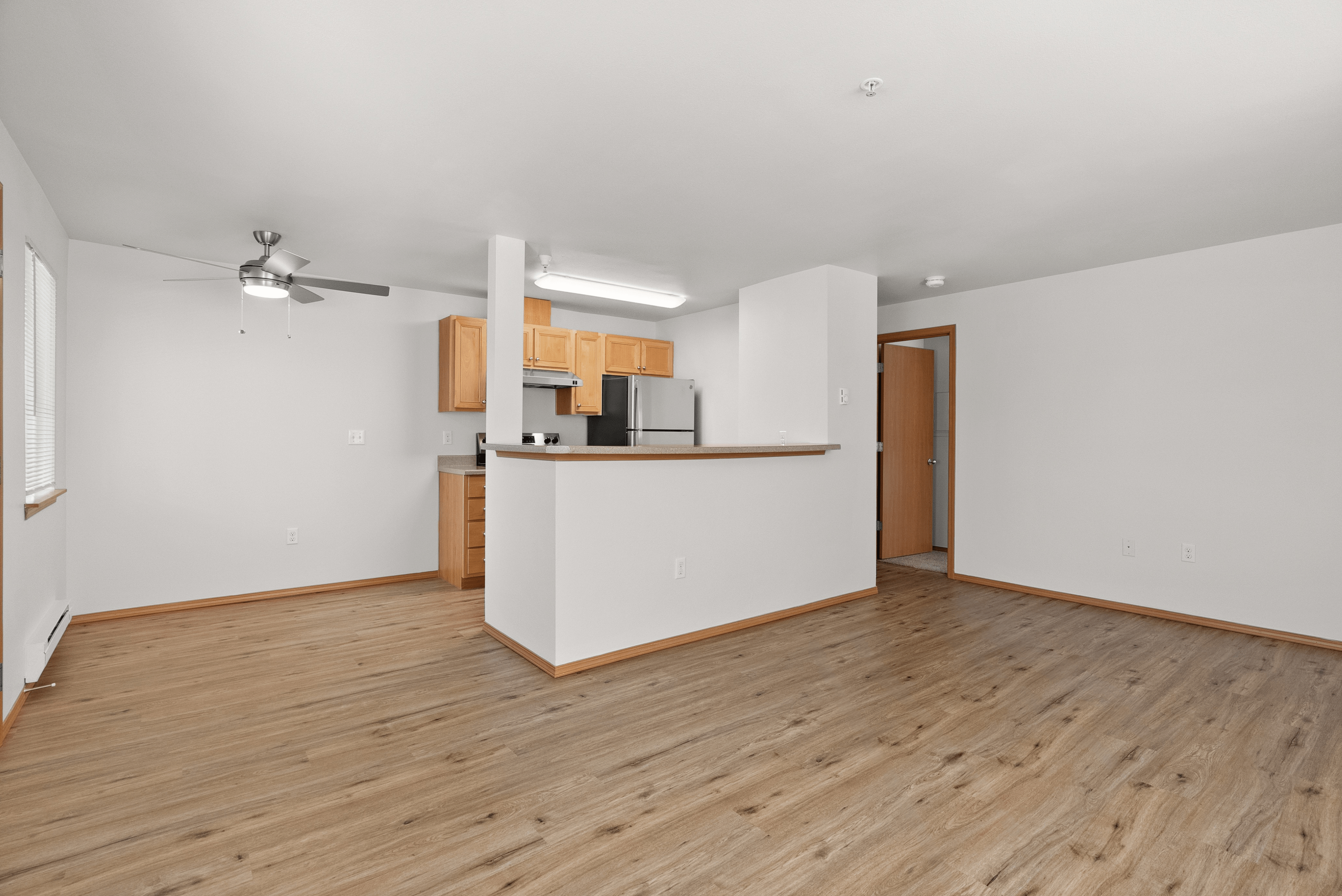 Bright open-concept kitchen with modern appliances and cozy wood flooring, perfect for entertaining.